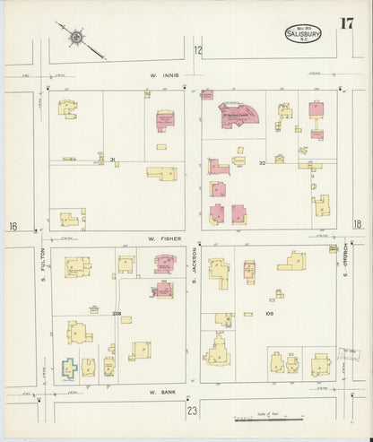 Sanborn Fire Insurance Map from Salisbury, Rowan County, North Carolina (1913), Sheet #0017 - Complete Map Set gallery image, historic Sanborn map, vintage wall art, North Carolina North Carolina