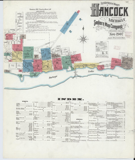 Sanborn Fire Insurance Map from Hancock, Houghton County, Michigan (1907), Sheet #0001 - Complete Map Set gallery image, historic Sanborn map, vintage wall art, Michigan Michigan
