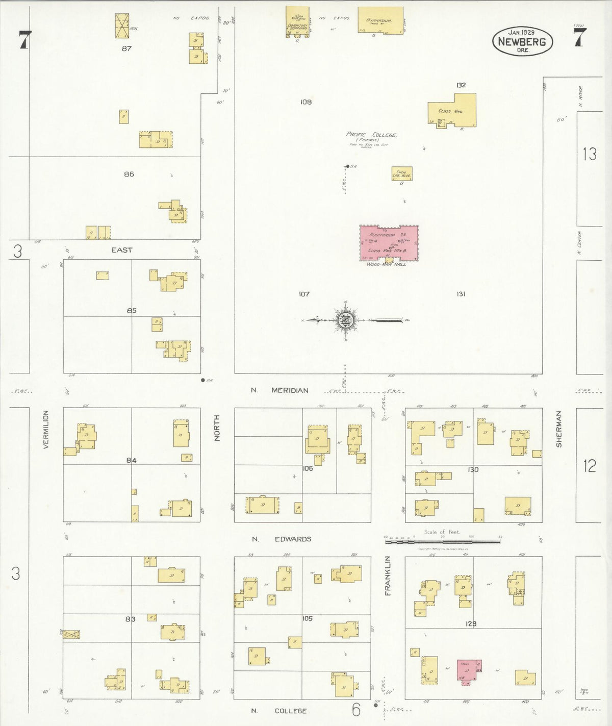 Sanborn Fire Insurance Map from Newberg, Yamhill County, Oregon (1929), Sheet #0007 - Historic Sanborn Fire Insurance Map Print, vintage old map wall art, antique decor, genealogy gift, Oregon Oregon map