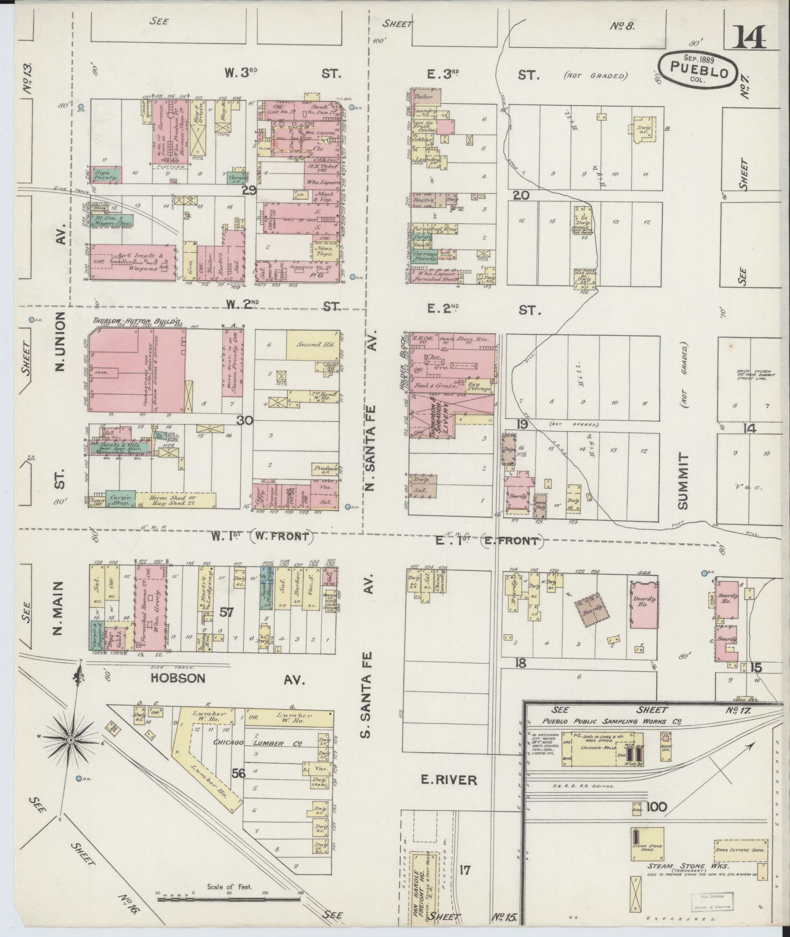 Sanborn Fire Insurance Map from Pueblo, Pueblo County, Colorado (1889), Sheet #0014 - Historic Sanborn Fire Insurance Map Print, vintage old map wall art, antique decor, genealogy gift, Colorado Colorado map