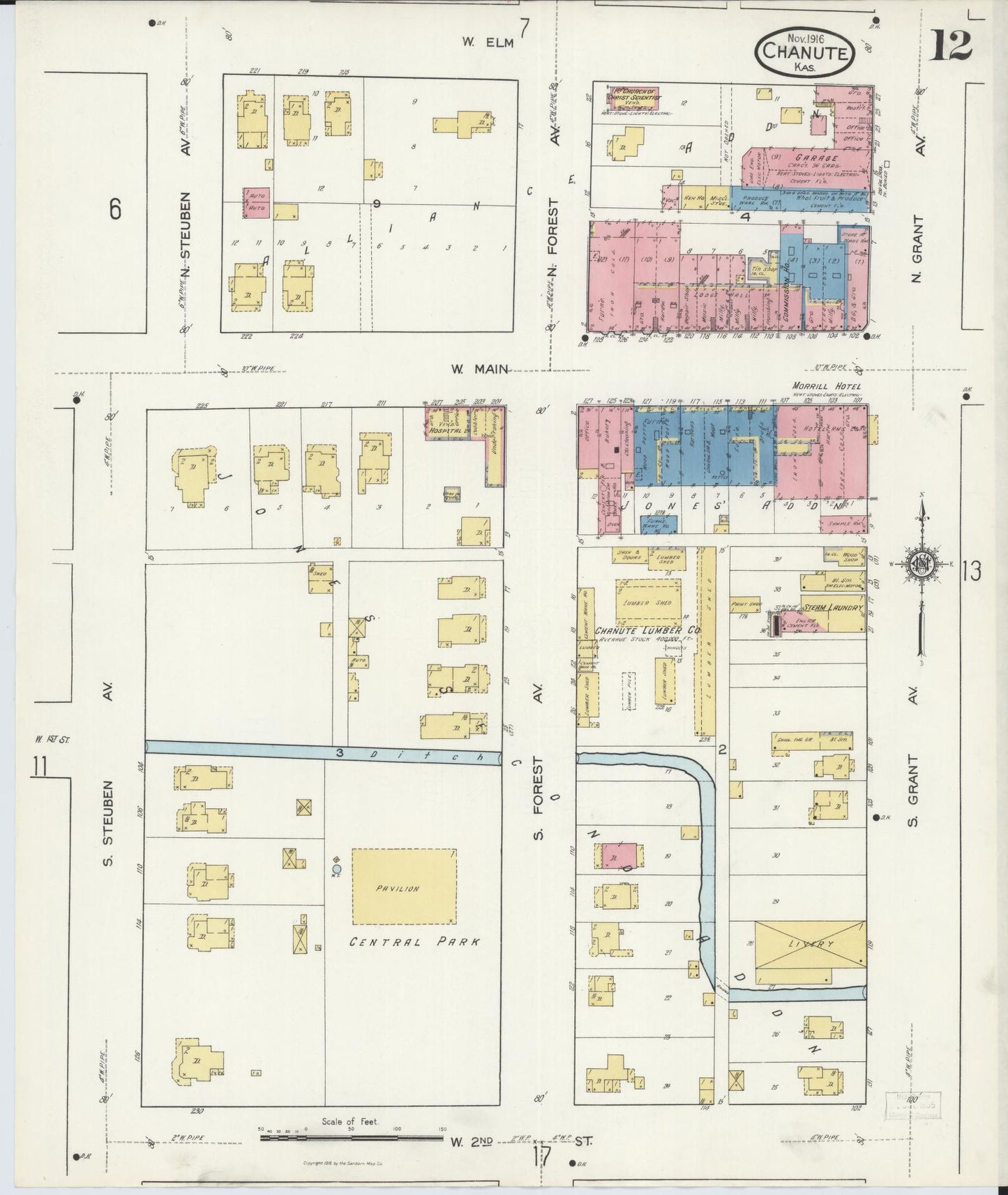 Sanborn Fire Insurance Map from Chanute, Neosho County, Kansas (1916), Sheet #0012 - Complete Map Set gallery image, historic Sanborn map, vintage wall art, Kansas Kansas