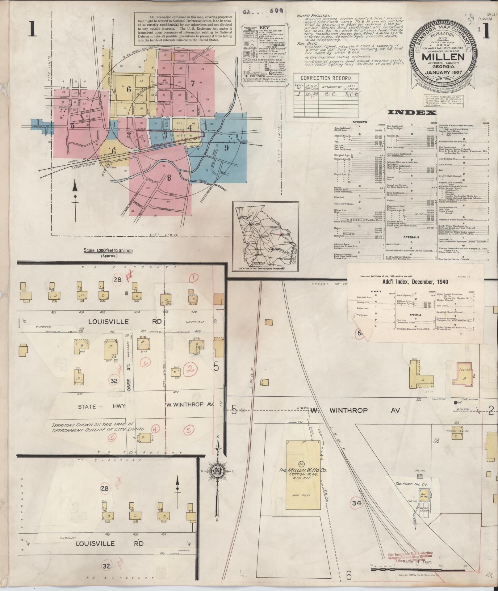 Sanborn Fire Insurance Map from Millen, Jenkins County, Georgia (1940), Sheet #0001 - Historic Sanborn Fire Insurance Map Print, vintage old map wall art, antique decor, genealogy gift, Georgia Georgia map