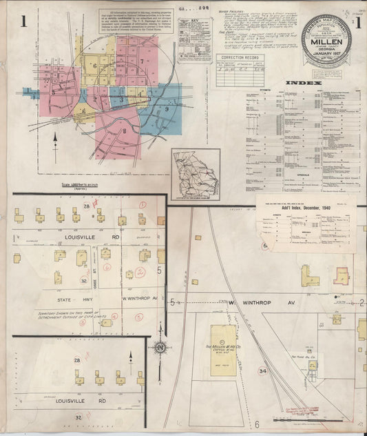 Sanborn Fire Insurance Map from Millen, Jenkins County, Georgia (1940), Sheet #0001 - Historic Sanborn Fire Insurance Map Print, vintage old map wall art, antique decor, genealogy gift, Georgia Georgia map