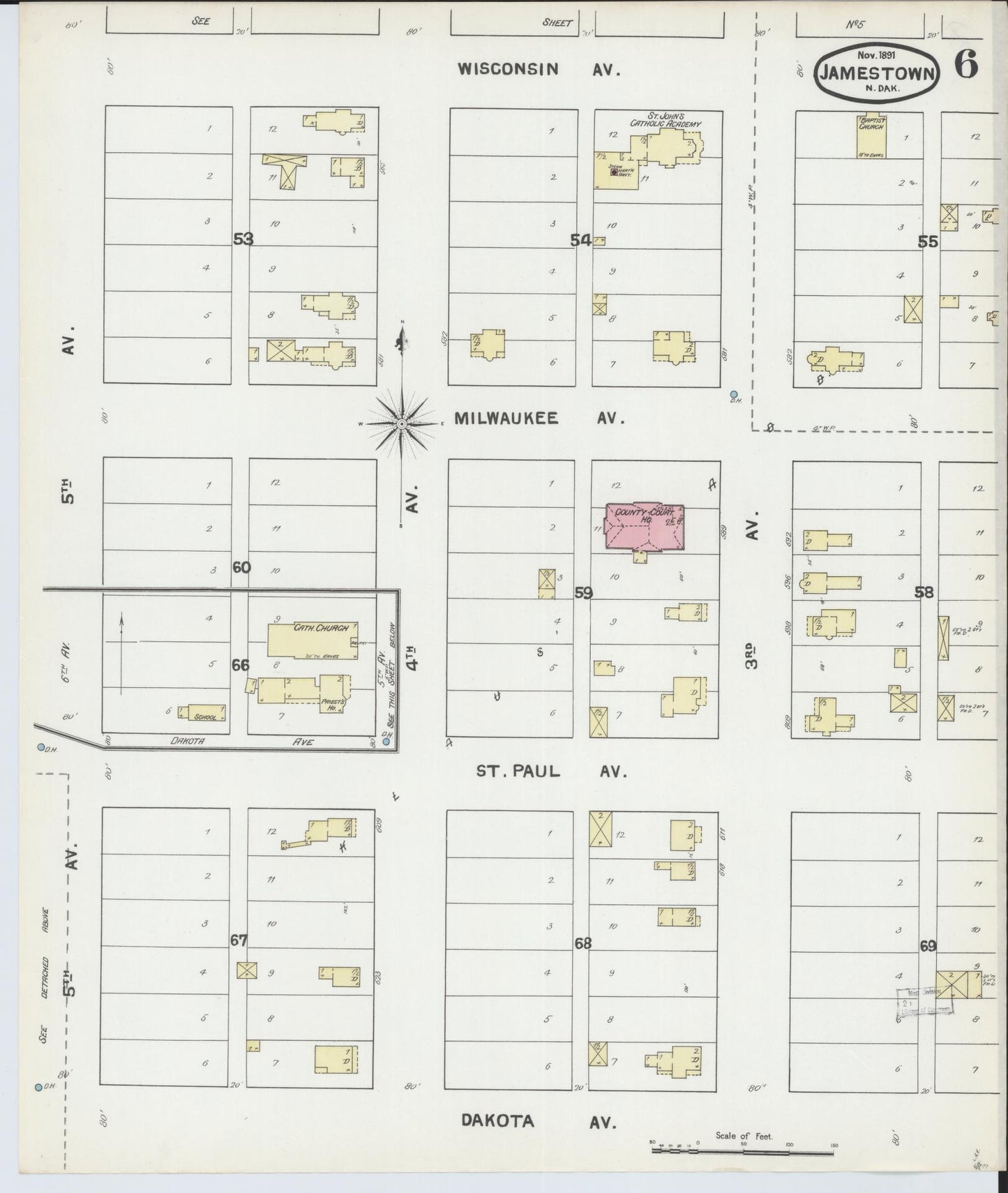Sanborn Fire Insurance Map from Jamestown, Stutsman County, North Dakota (1891), Sheet #0006 - Complete Map Set gallery image, historic Sanborn map, vintage wall art, North Dakota North Dakota