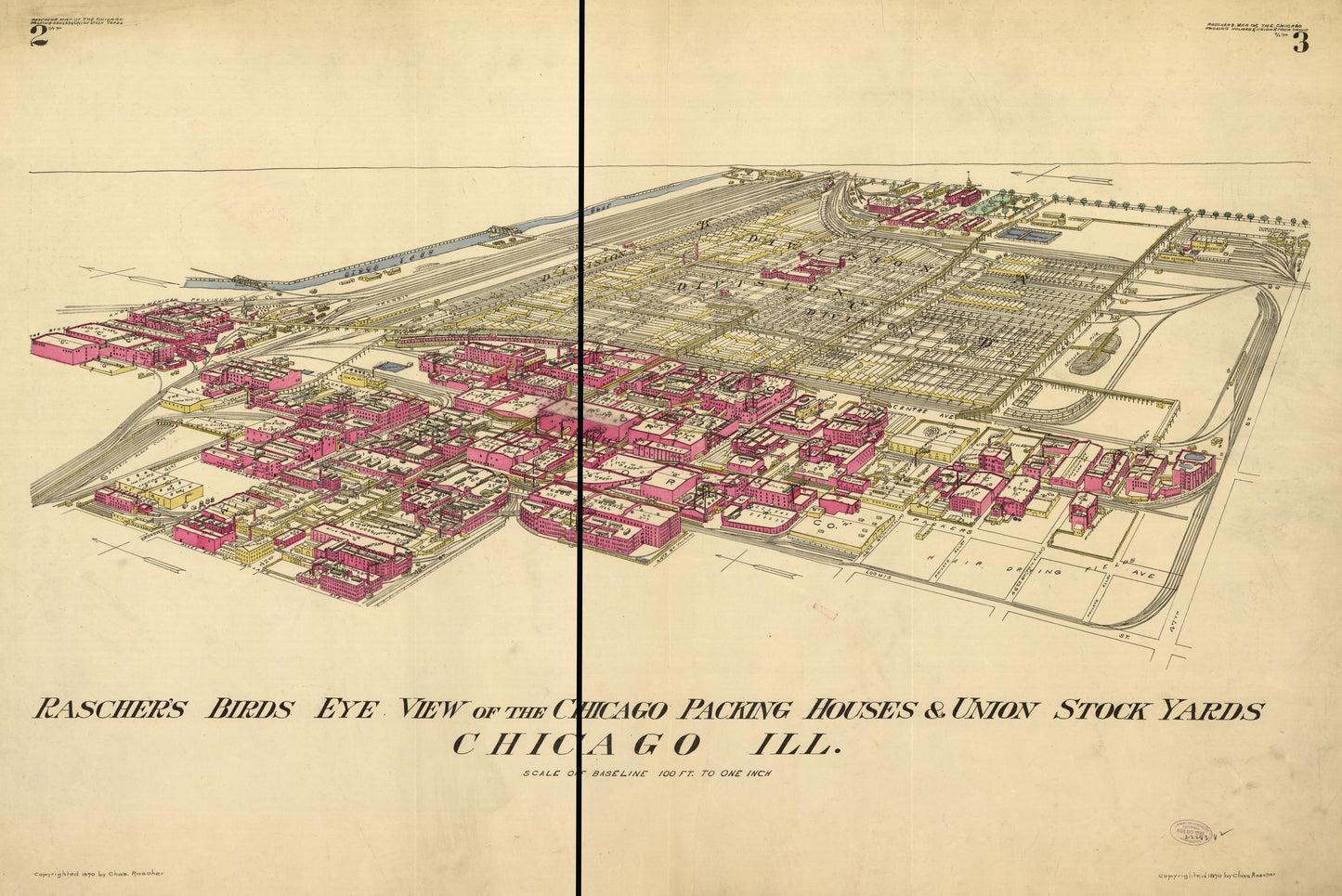 Rascher's birds eye view of the Chicago packing houses & union stock yards. (1890) – Historic Bird’s-Eye View Panorama Print