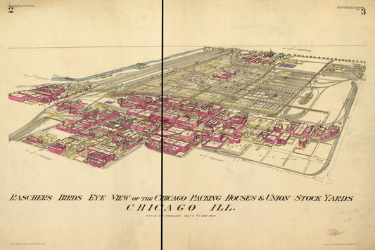 Rascher's birds eye view of the Chicago packing houses & union stock yards. (1890) – Historic Bird’s-Eye View Panorama Print