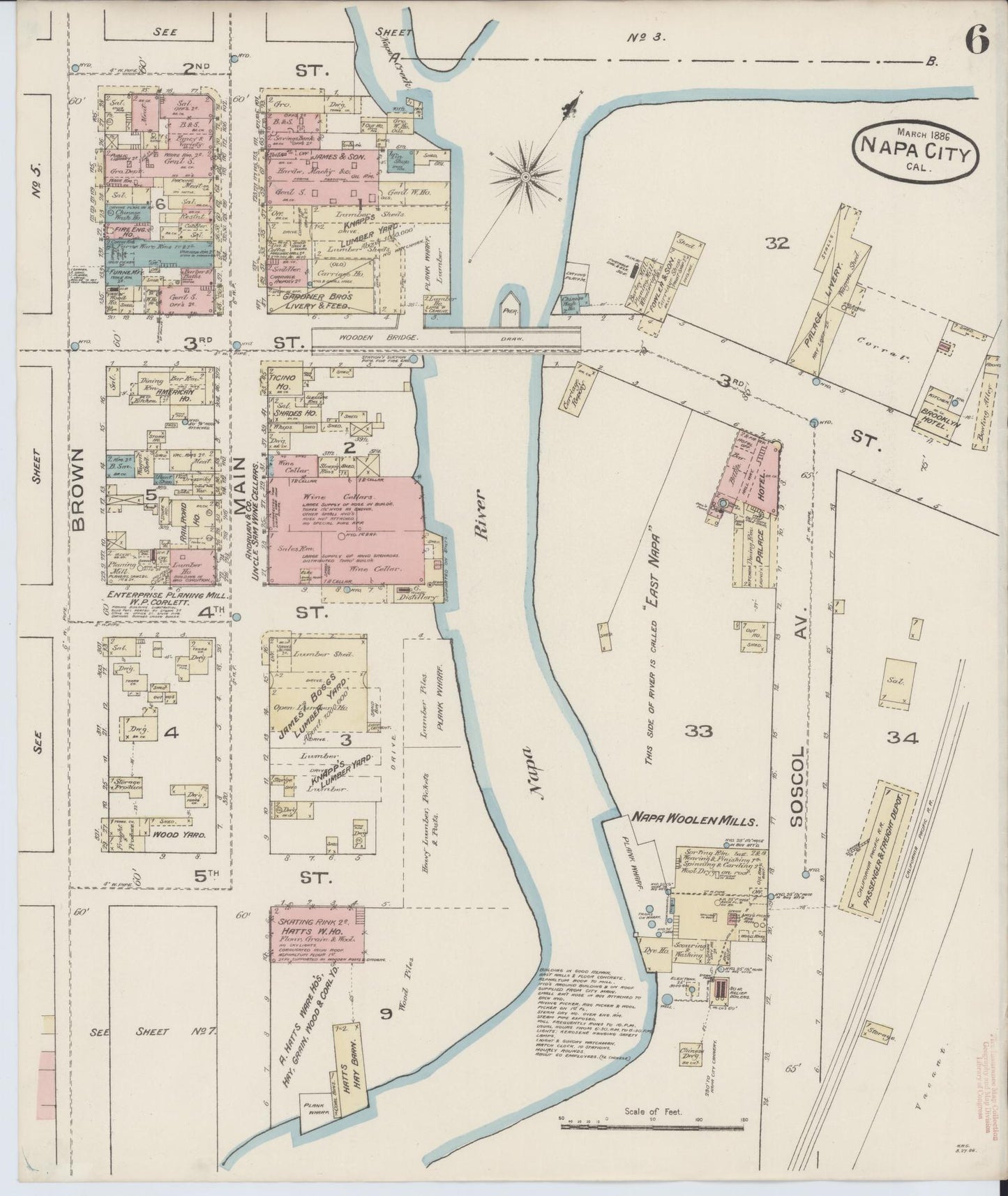 Sanborn Fire Insurance Map from Napa, Napa County, California (1886), Sheet #0006 - Historic Sanborn Fire Insurance Map Print, vintage old map wall art, antique decor, genealogy gift, California California map