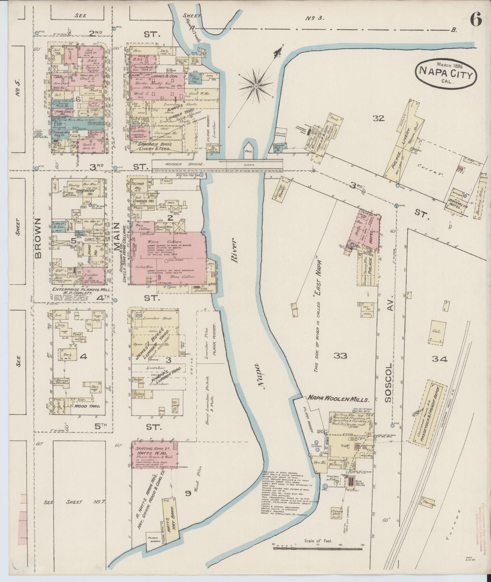 Sanborn Fire Insurance Map from Napa, Napa County, California (1886), Sheet #0006 - Historic Sanborn Fire Insurance Map Print, vintage old map wall art, antique decor, genealogy gift, California California map