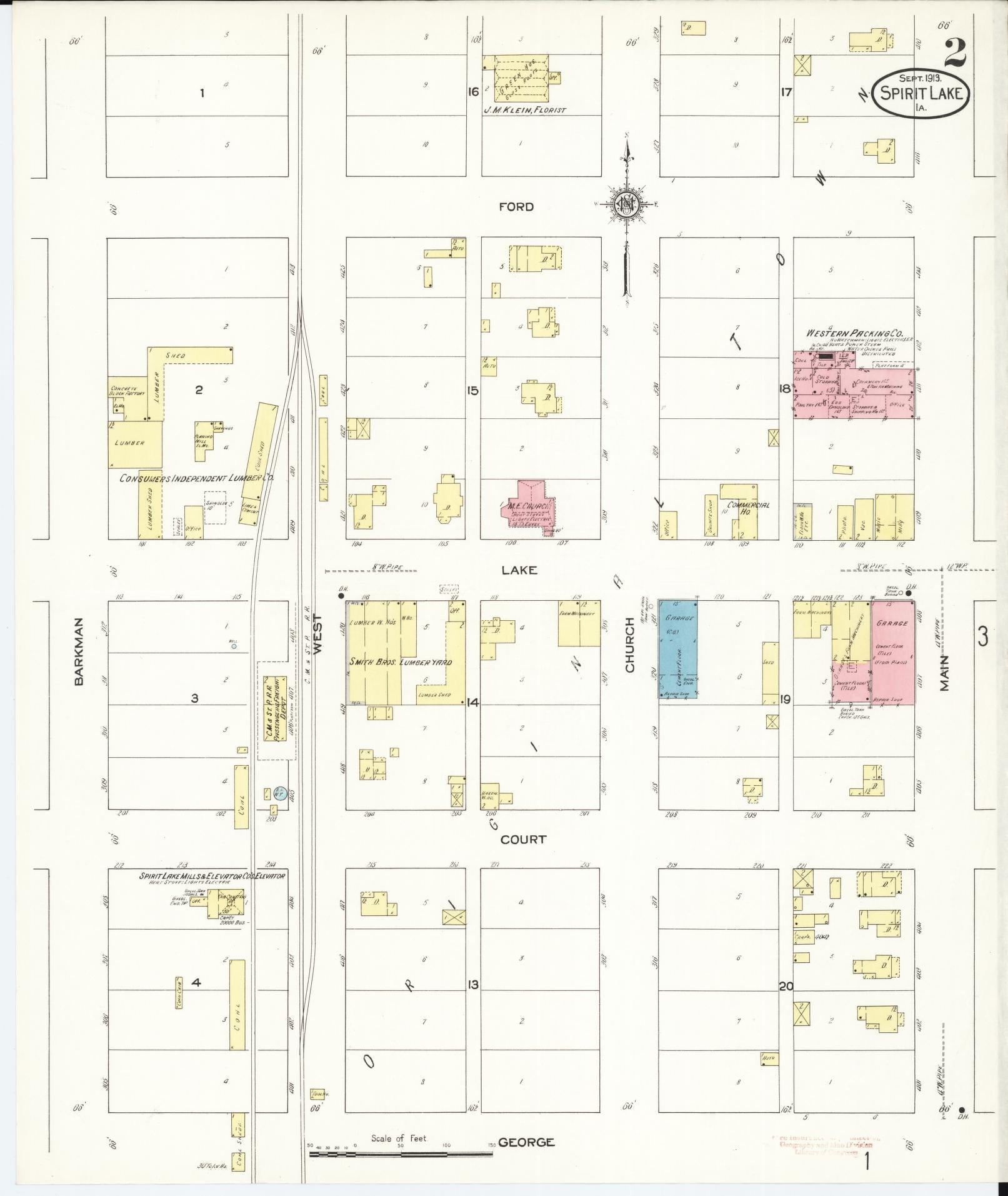 Sanborn Fire Insurance Map from Spirit Lake, Dickinson County, Iowa (1913), Sheet #0002 - Historic Sanborn Fire Insurance Map Print, vintage old map wall art