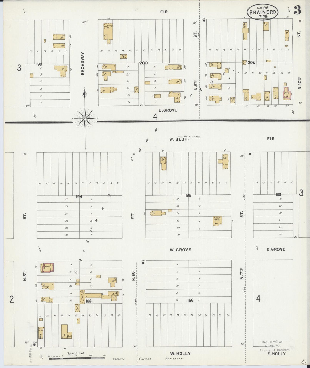 Sanborn Fire Insurance Map from Brainerd, Crow Wing County, Minnesota (1898), Sheet #0003 - Historic Sanborn Fire Insurance Map Print, vintage old map wall art, antique decor, genealogy gift, Minnesota Minnesota map