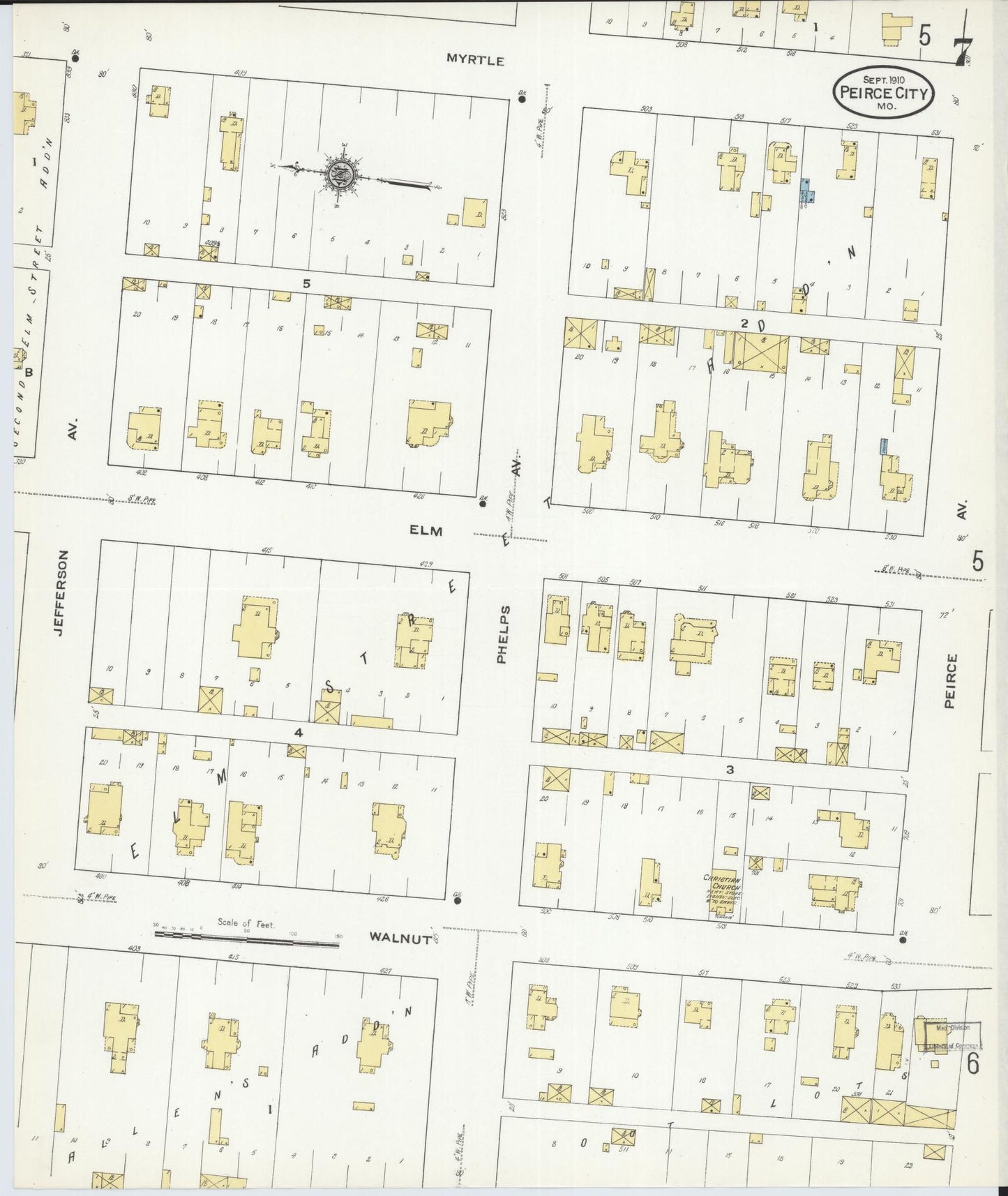 Sanborn Fire Insurance Map from Pierce City, Lawrence County, Missouri (1910), Sheet #0007 - Historic Sanborn Fire Insurance Map Print, vintage old map wall art, antique decor, genealogy gift, Missouri Missouri map