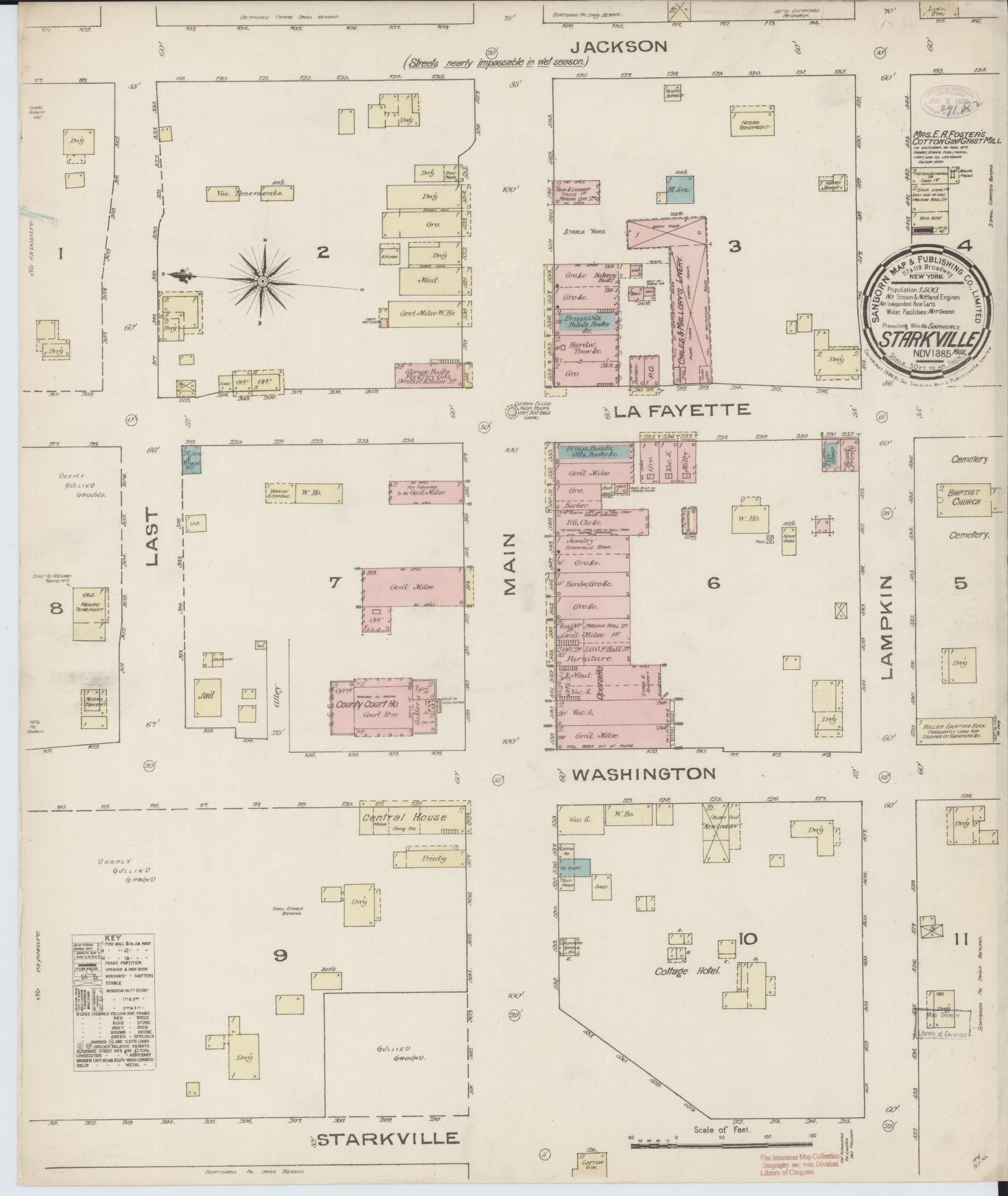 Sanborn Fire Insurance Map from Starkville, Oktibbeha County, Mississippi (1885), Sheet #0001 - Historic Sanborn Fire Insurance Map Print, vintage old map wall art, antique decor, genealogy gift, Mississippi Mississippi map
