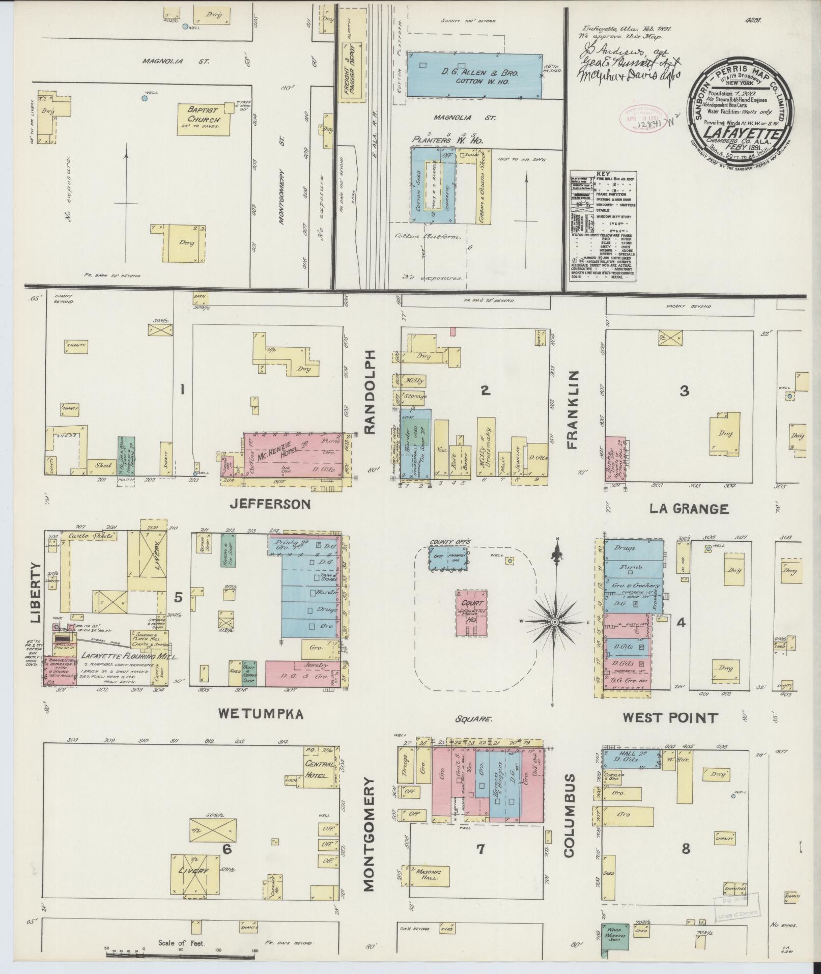 Sanborn Fire Insurance Map from Lafayette, Chambers County, Alabama (1891), Sheet #0001 - Historic Sanborn Fire Insurance Map Print, vintage old map wall art, antique decor, genealogy gift, Alabama Alabama map