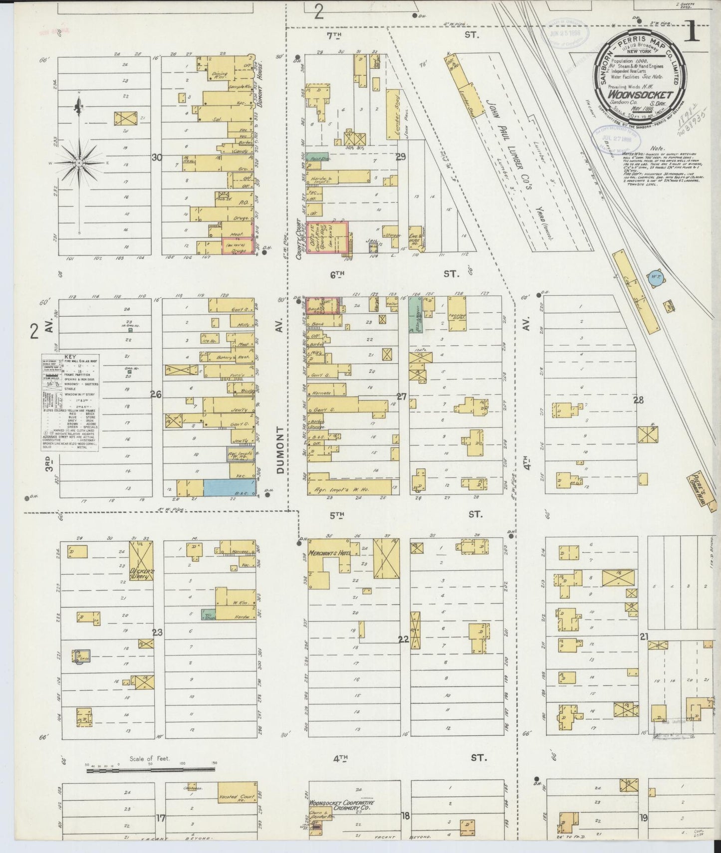 Sanborn Fire Insurance Map from Woonsocket, Sanborn County, South Dakota (1898), Sheet #0001 - Complete Map Set gallery image, historic Sanborn map, vintage wall art, South Dakota South Dakota