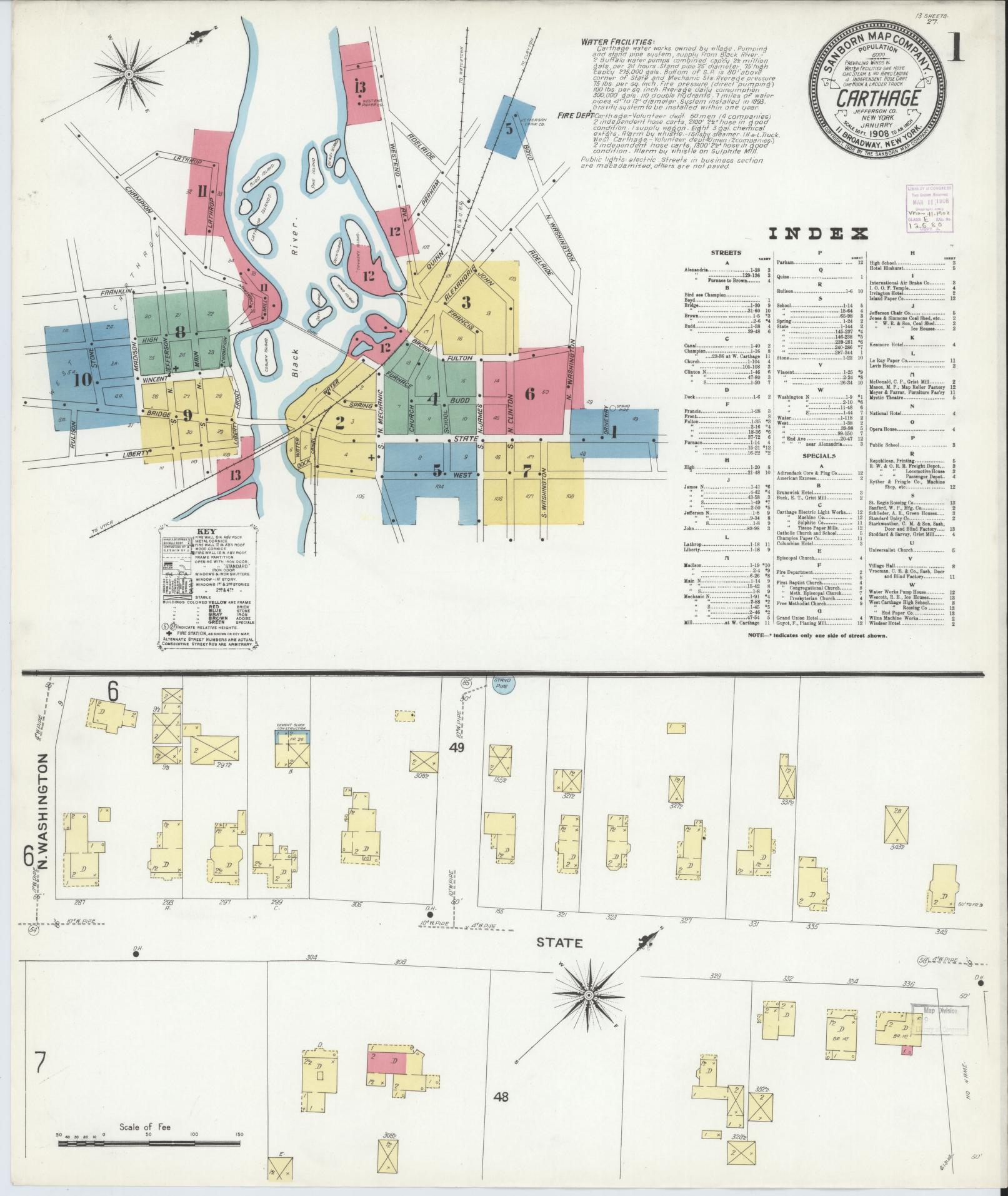 Sanborn Fire Insurance Map from Carthage, Jefferson County, New York (1908), Sheet #0001 - Historic Sanborn Fire Insurance Map Print, vintage old map wall art, antique decor, genealogy gift, New York New York map