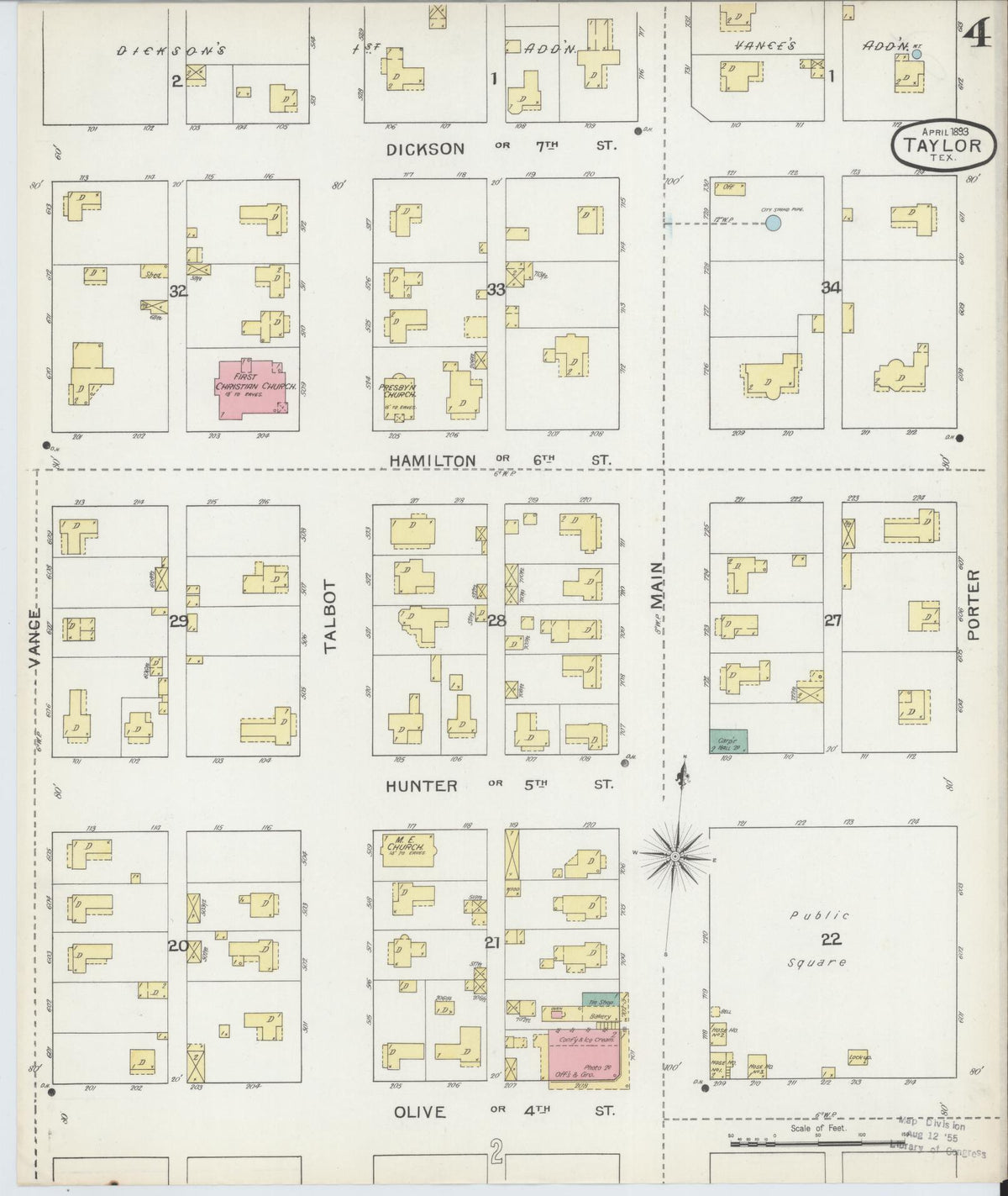 Sanborn Fire Insurance Map from Taylor, Williamson County, Texas (1893), Sheet #0004 - Complete Map Set gallery image, historic Sanborn map, vintage wall art, Texas Texas