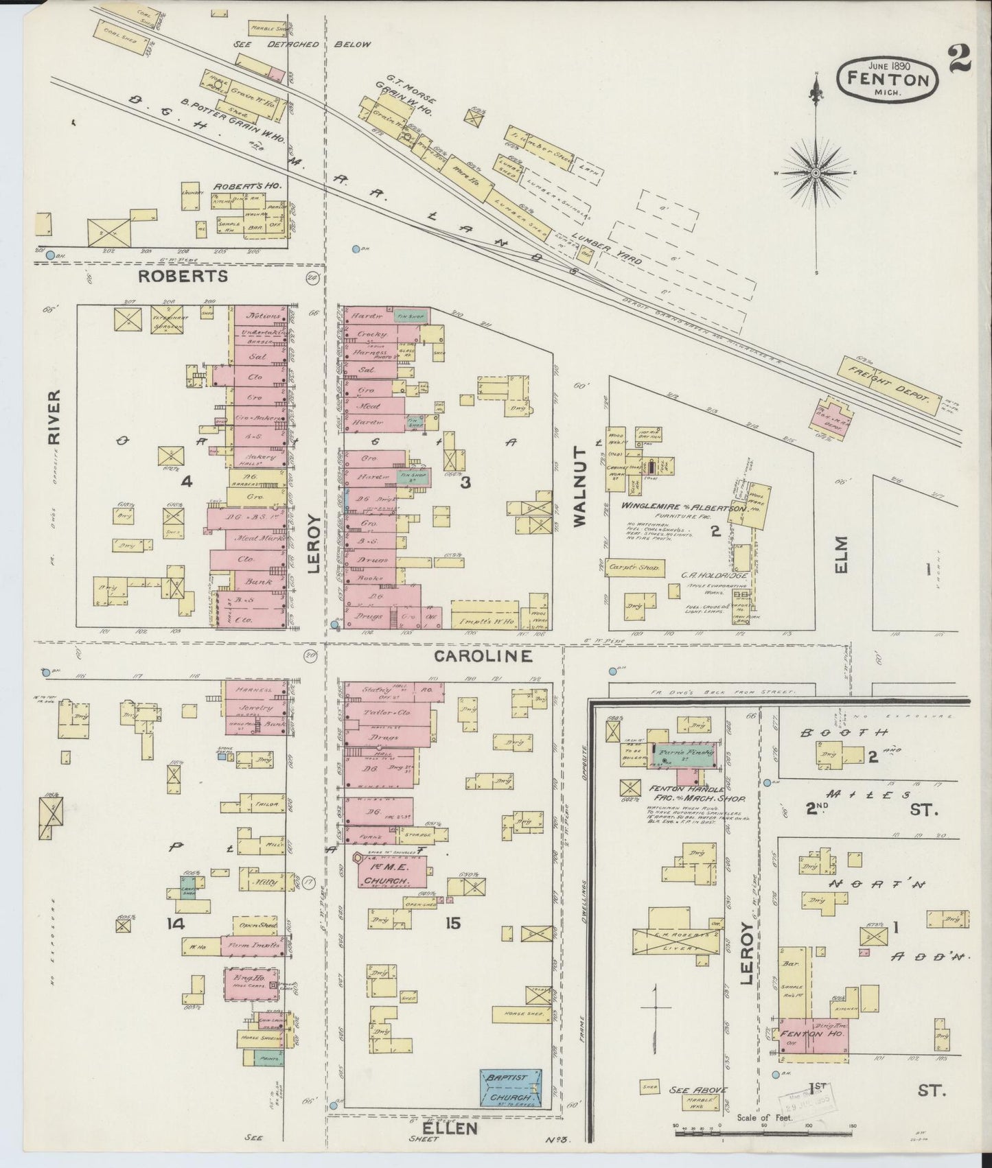 Sanborn Fire Insurance Map from Fenton, Genesee County, Michigan (1890), Sheet #0002 - Historic Sanborn Fire Insurance Map Print, vintage old map wall art, antique decor, genealogy gift, Michigan Michigan map