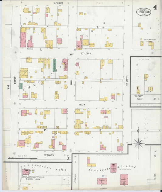 Sanborn Fire Insurance Map from Lebanon, Saint Clair County, Illinois (1899), Sheet #0004 - Historic Sanborn Fire Insurance Map Print, vintage old map wall art, antique decor, genealogy gift, Illinois Illinois map