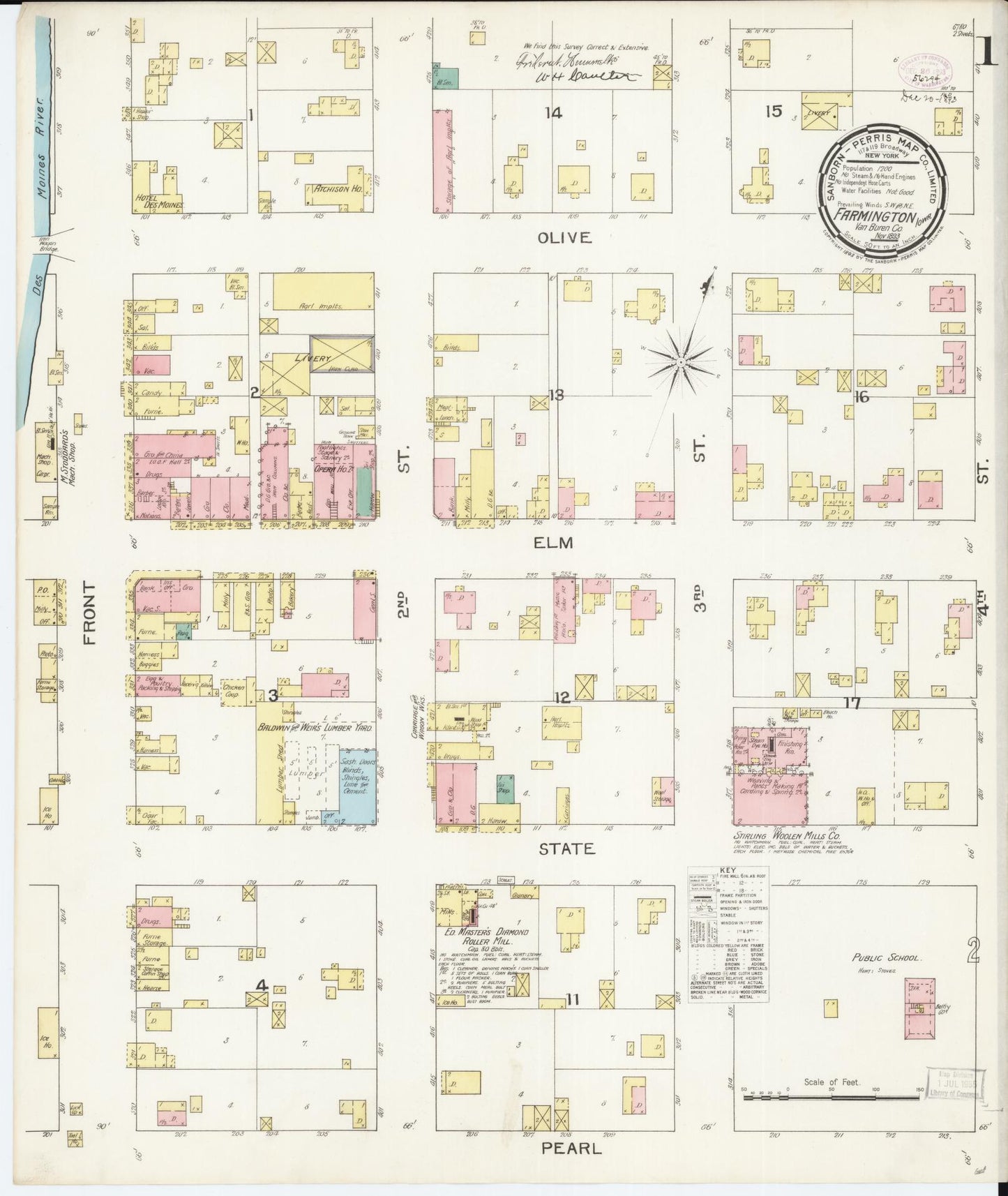 Sanborn Fire Insurance Map from Farmington, Van Buren County, Iowa (1893), Sheet #0001 - Historic Sanborn Fire Insurance Map Print, vintage old map wall art