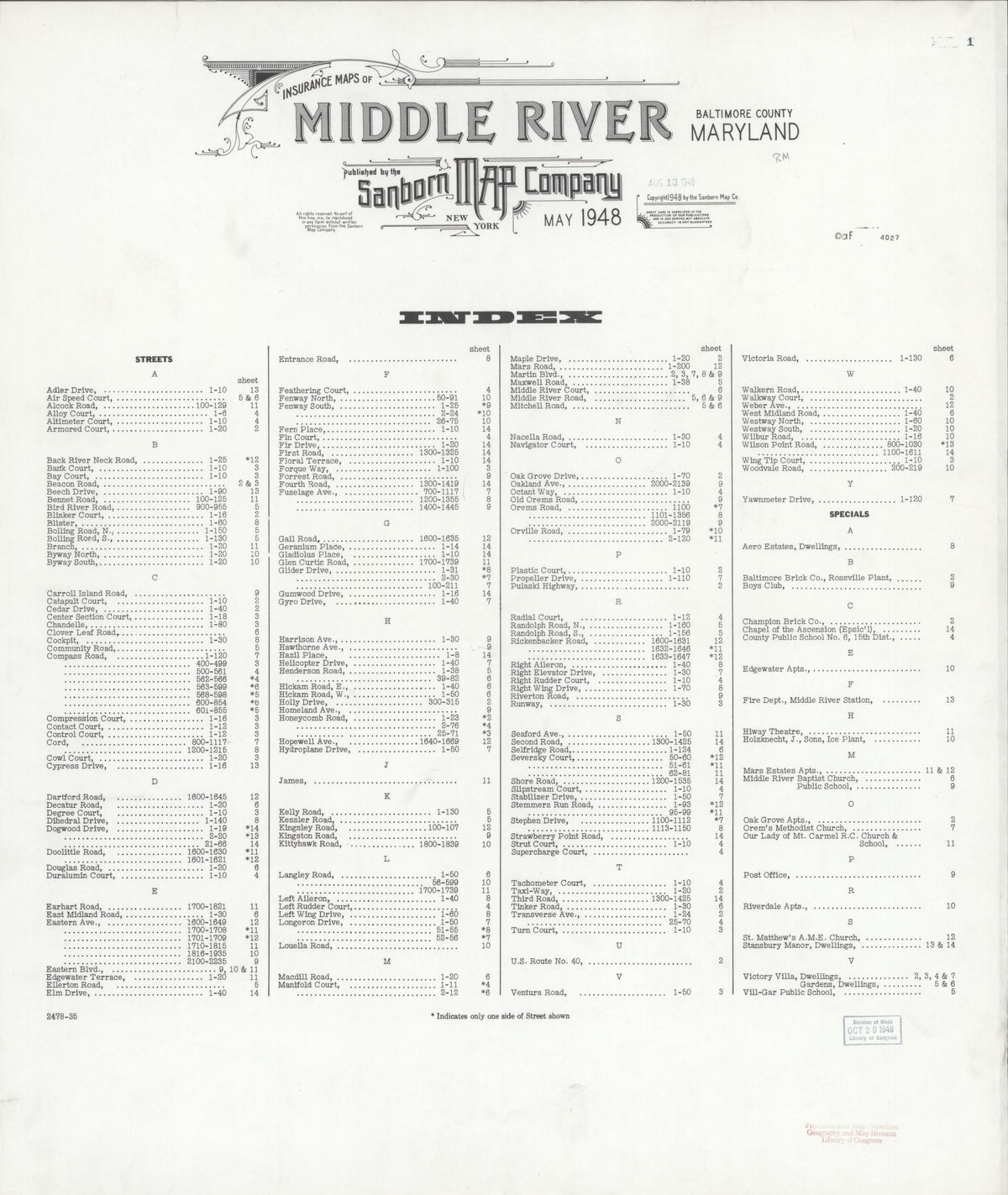 Sanborn Fire Insurance Map from Middle River, Baltimore County, Maryland (1948), Sheet #0001 - Historic Sanborn Fire Insurance Map Print, vintage old map wall art, antique decor, genealogy gift, Maryland Maryland map