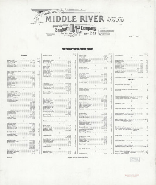 Sanborn Fire Insurance Map from Middle River, Baltimore County, Maryland (1948), Sheet #0001 - Historic Sanborn Fire Insurance Map Print, vintage old map wall art, antique decor, genealogy gift, Maryland Maryland map