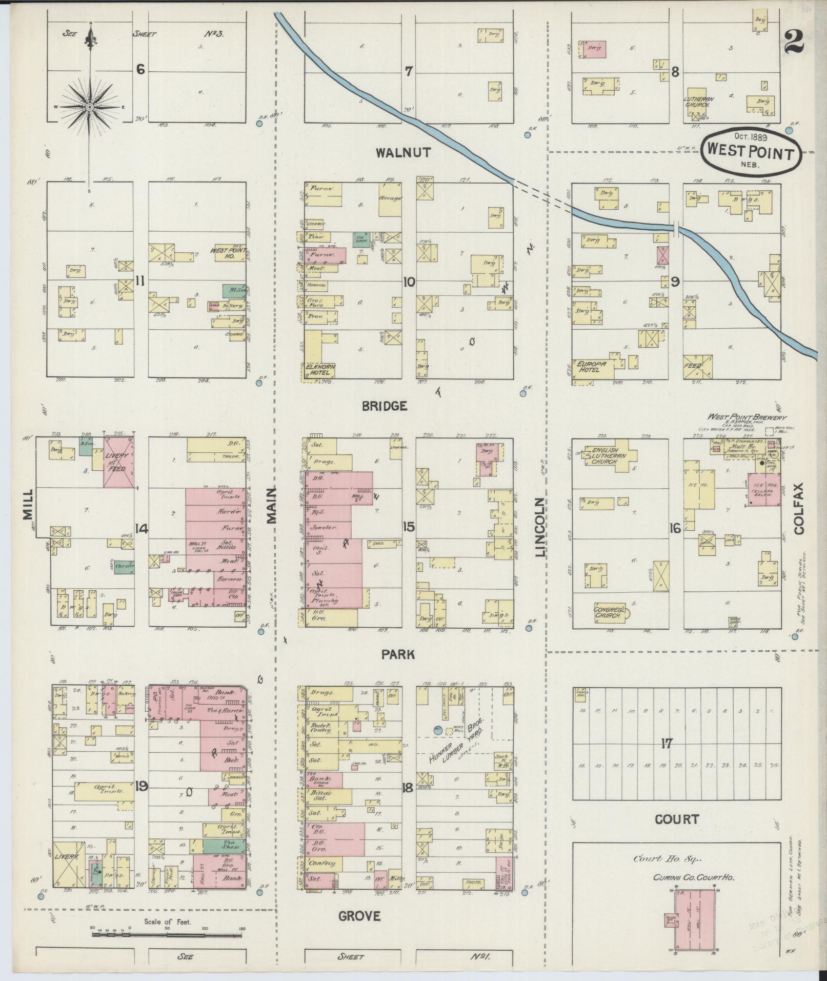 Sanborn Fire Insurance Map from West Point, Cuming County, Nebraska (1889), Sheet #0002 - Complete Map Set gallery image, historic Sanborn map, vintage wall art, Nebraska Nebraska