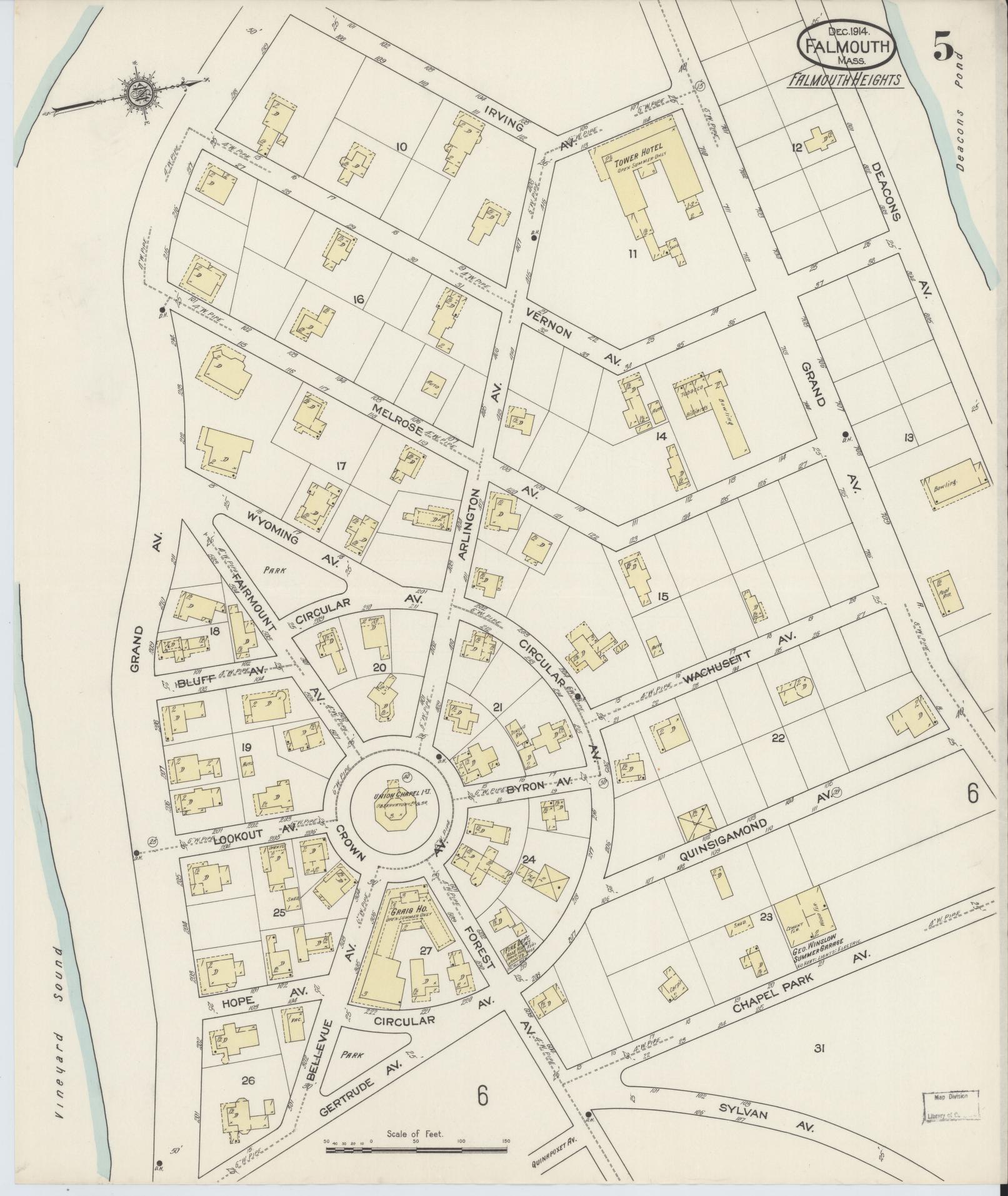 Sanborn Fire Insurance Map from Falmouth, Barnstable County, Massachusetts (1914), Sheet #0005 - Complete Map Set gallery image, historic Sanborn map, vintage wall art, Massachusetts Massachusetts