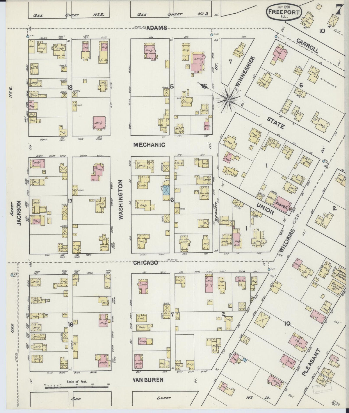 Sanborn Fire Insurance Map from Freeport, Stephenson County, Illinois (1890), Sheet #0007 - Historic Sanborn Fire Insurance Map Print, vintage old map wall art, antique decor, genealogy gift, Illinois Illinois map
