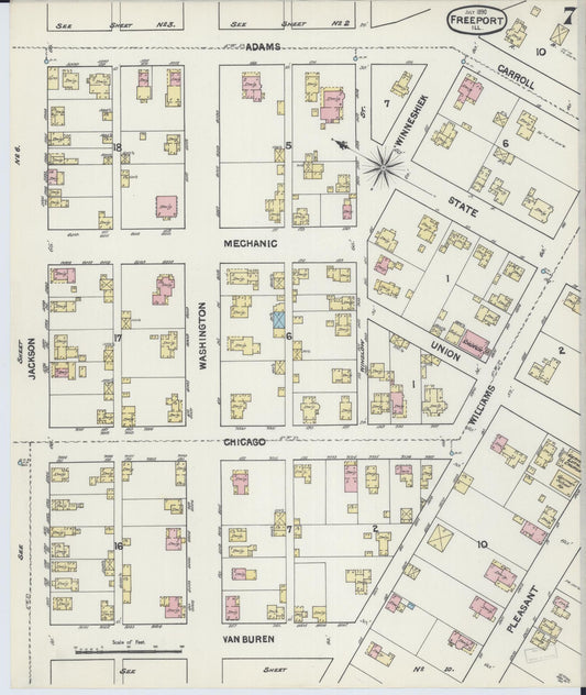 Sanborn Fire Insurance Map from Freeport, Stephenson County, Illinois (1890), Sheet #0007 - Historic Sanborn Fire Insurance Map Print, vintage old map wall art, antique decor, genealogy gift, Illinois Illinois map