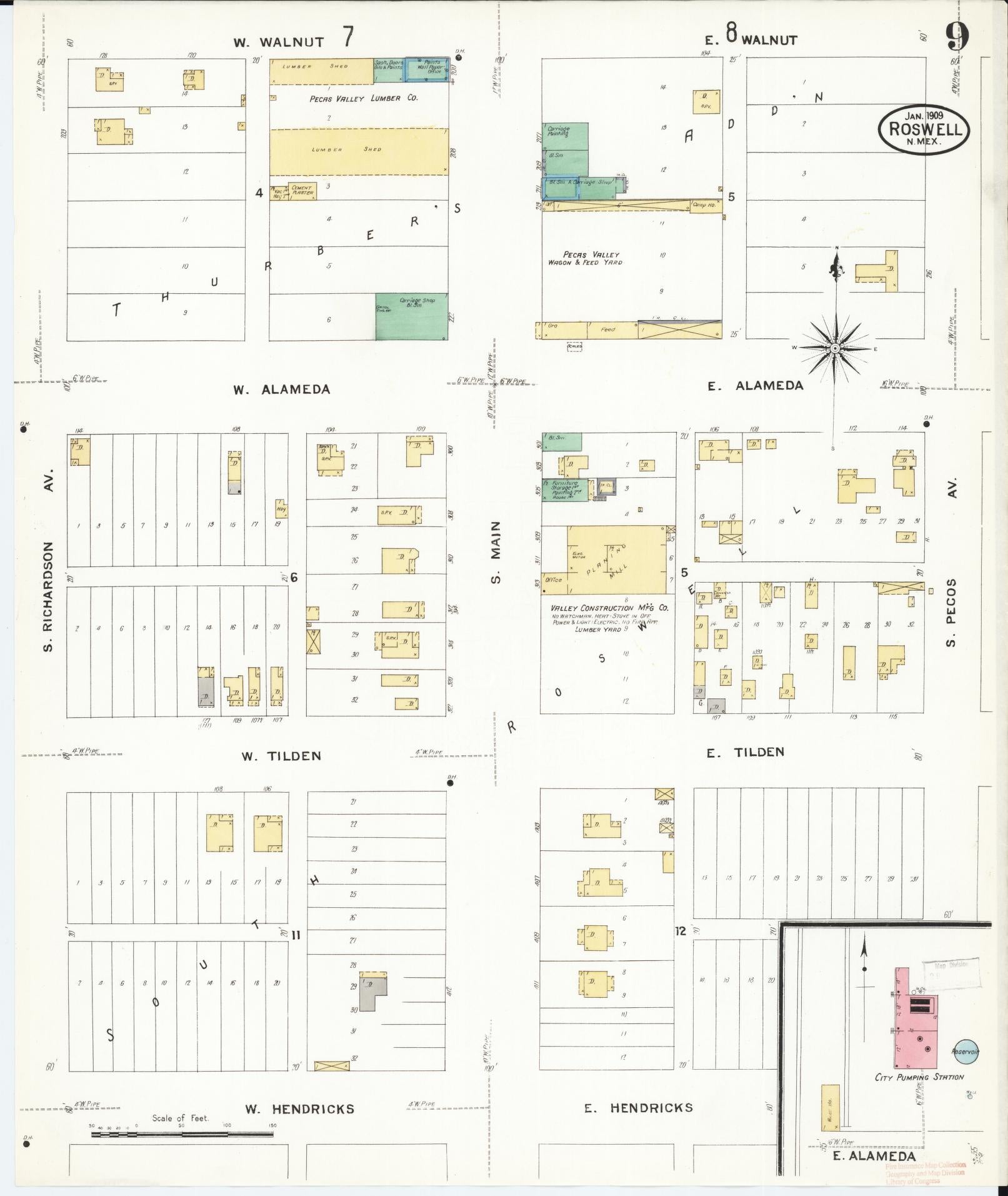 Sanborn Fire Insurance Map from Roswell, Chaves County, New Mexico (1909), Sheet #0009 - Complete Map Set gallery image, historic Sanborn map, vintage wall art, New Mexico New Mexico
