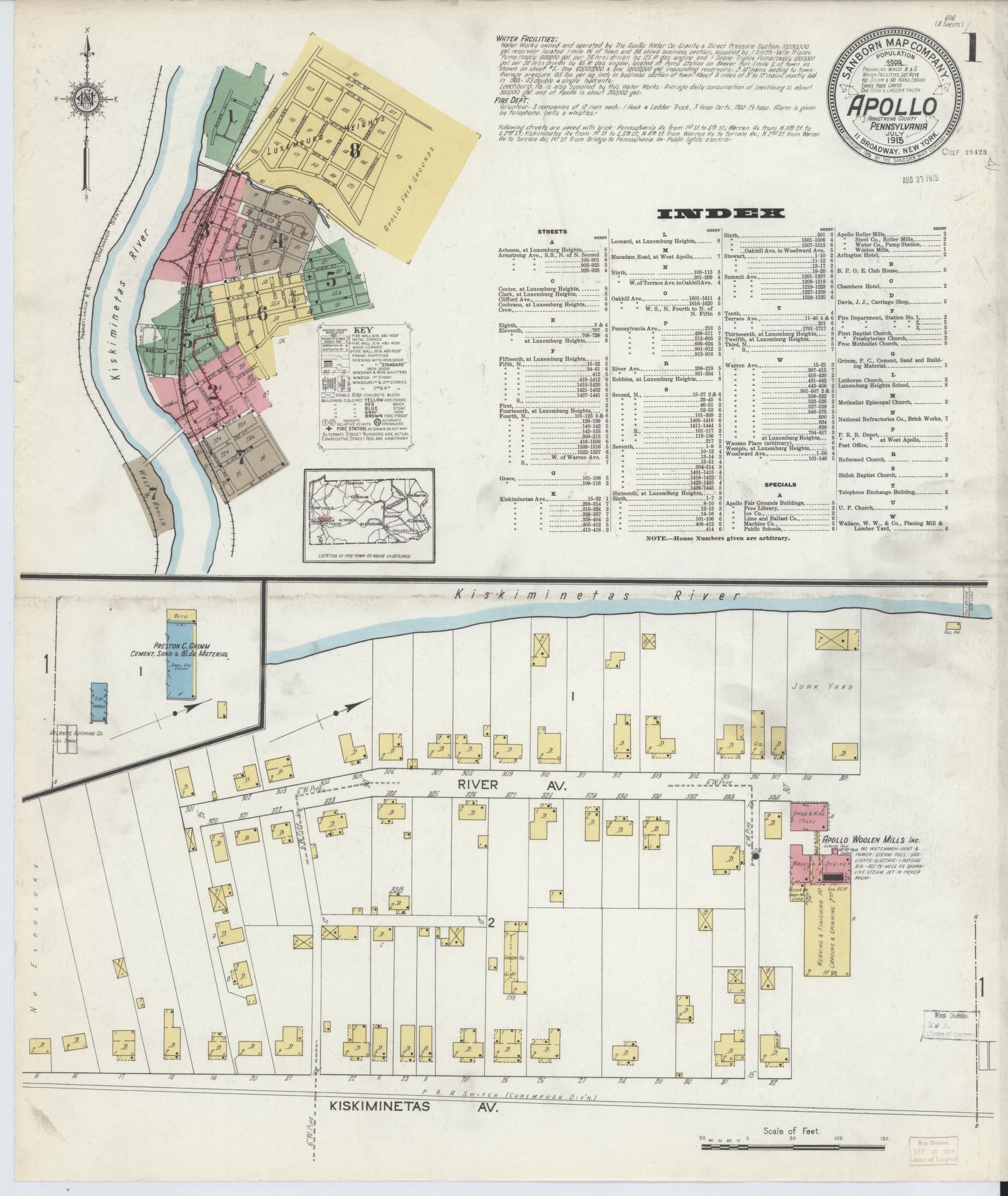 Sanborn Fire Insurance Map from Apollo, Armstrong County, Pennsylvania (1915), Sheet #0001 - Historic Sanborn Fire Insurance Map Print, vintage old map wall art, antique decor, genealogy gift, Pennsylvania Pennsylvania map
