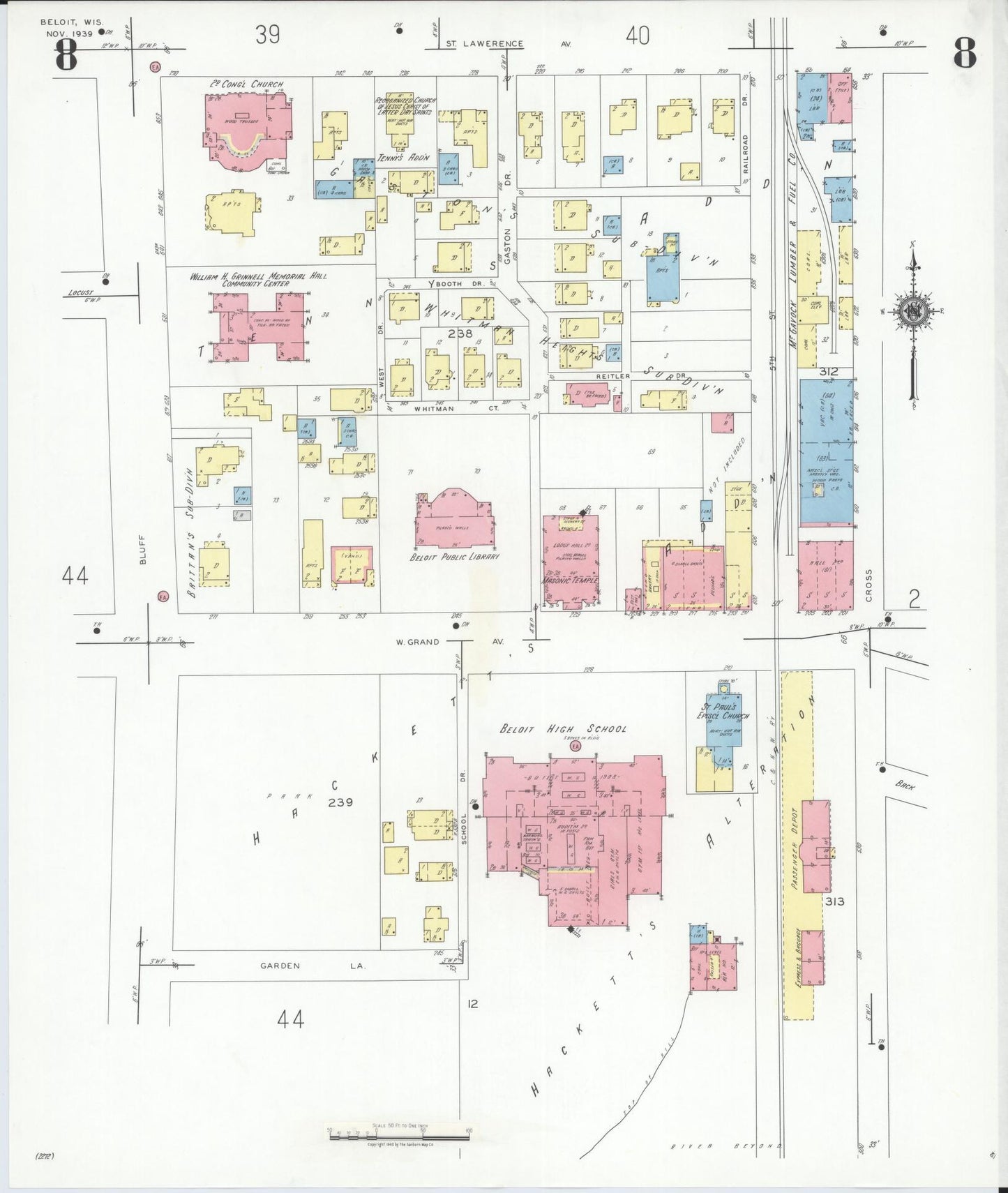 Sanborn Fire Insurance Map from Beloit, Rock County, Wisconsin (1939), Sheet #0008 - Complete Map Set gallery image, historic Sanborn map, vintage wall art, Wisconsin Wisconsin