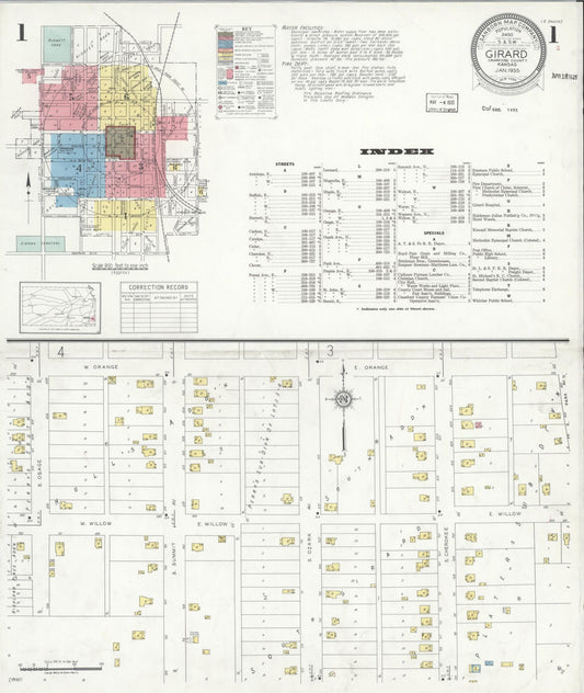 Sanborn Fire Insurance Map from Girard, Crawford County, Kansas (1935), Sheet #0001 - Historic Sanborn Fire Insurance Map Print, vintage old map wall art, antique decor, genealogy gift, Kansas Kansas map