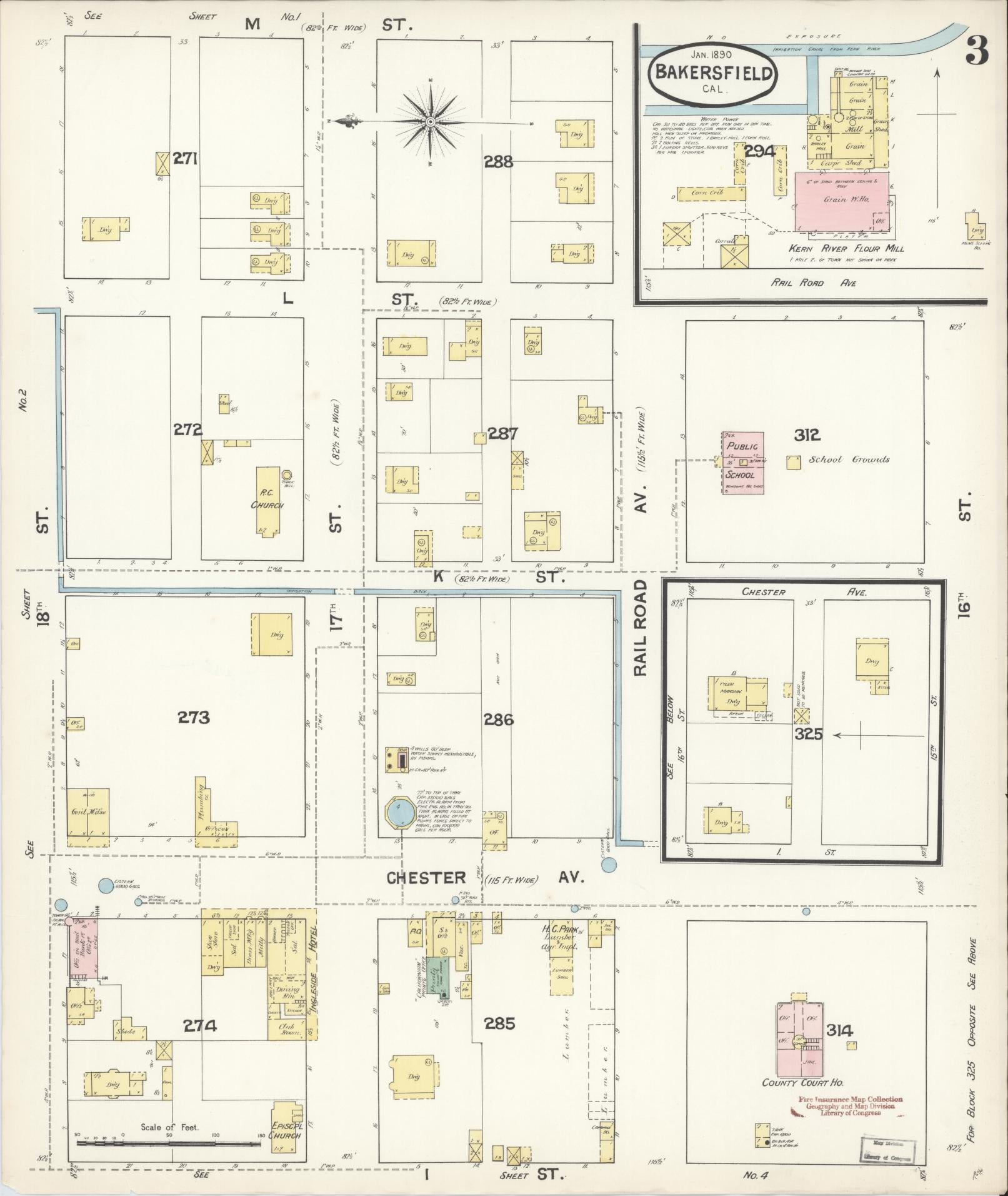 Sanborn Fire Insurance Map from Bakersfield, Kern County, California (1890), Sheet #0003 - Historic Sanborn Fire Insurance Map Print, vintage old map wall art, antique decor, genealogy gift, California California map