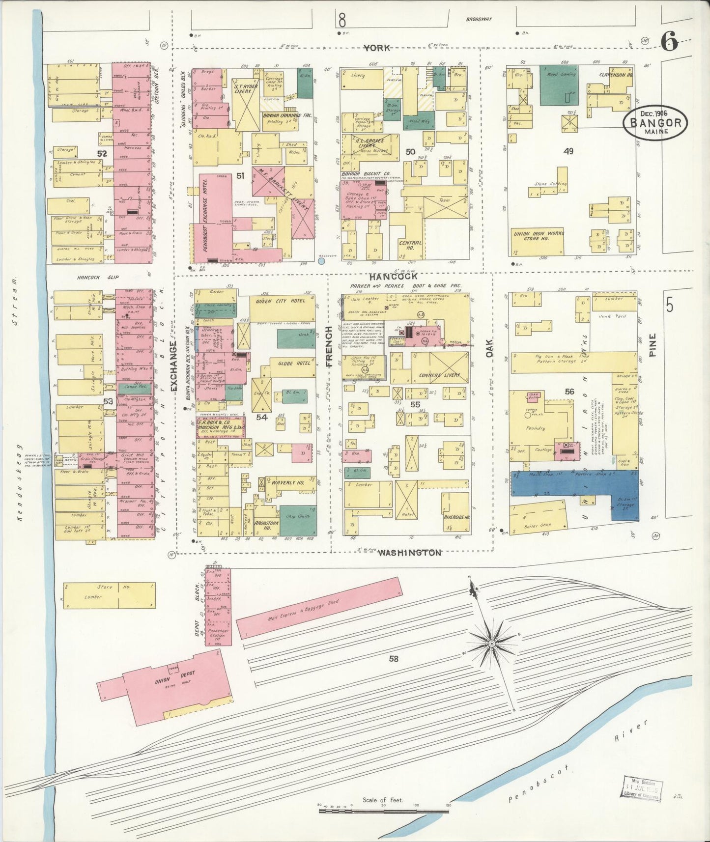 Sanborn Fire Insurance Map from Bangor, Penobscot County, Maine (1906), Sheet #0006 - Complete Map Set gallery image, historic Sanborn map, vintage wall art, Maine Maine