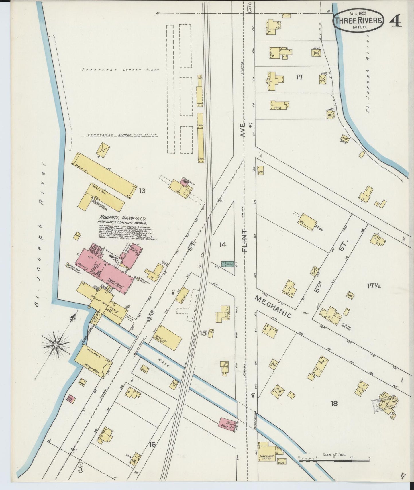Sanborn Fire Insurance Map from Three Rivers, Saint Joseph County, Michigan (1893), Sheet #0004 - Complete Map Set gallery image, historic Sanborn map, vintage wall art, Michigan Michigan