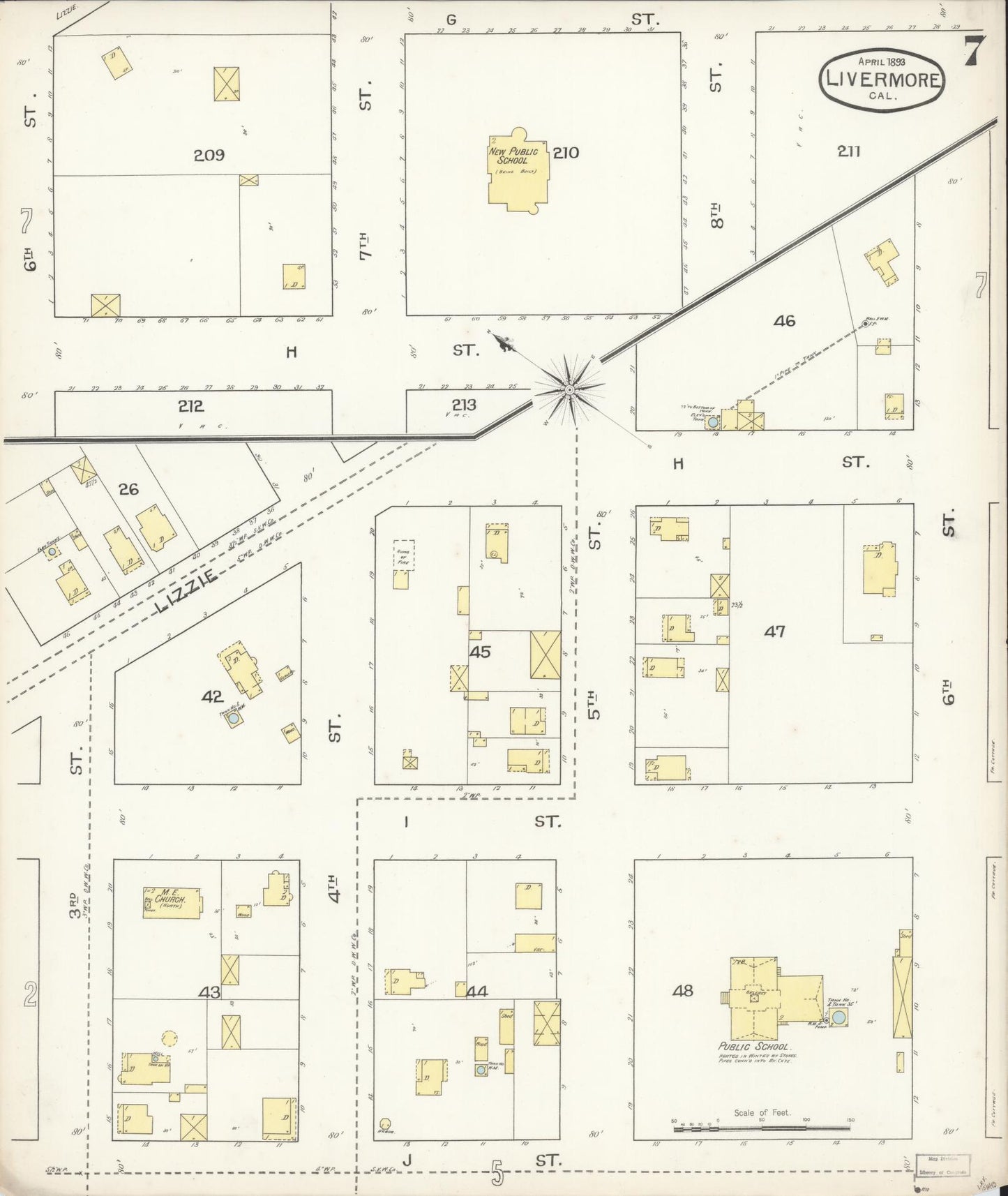 Sanborn Fire Insurance Map from Livermore, Alameda County, California (1893), Sheet #0007 - Complete Map Set gallery image, historic Sanborn map, vintage wall art, California California
