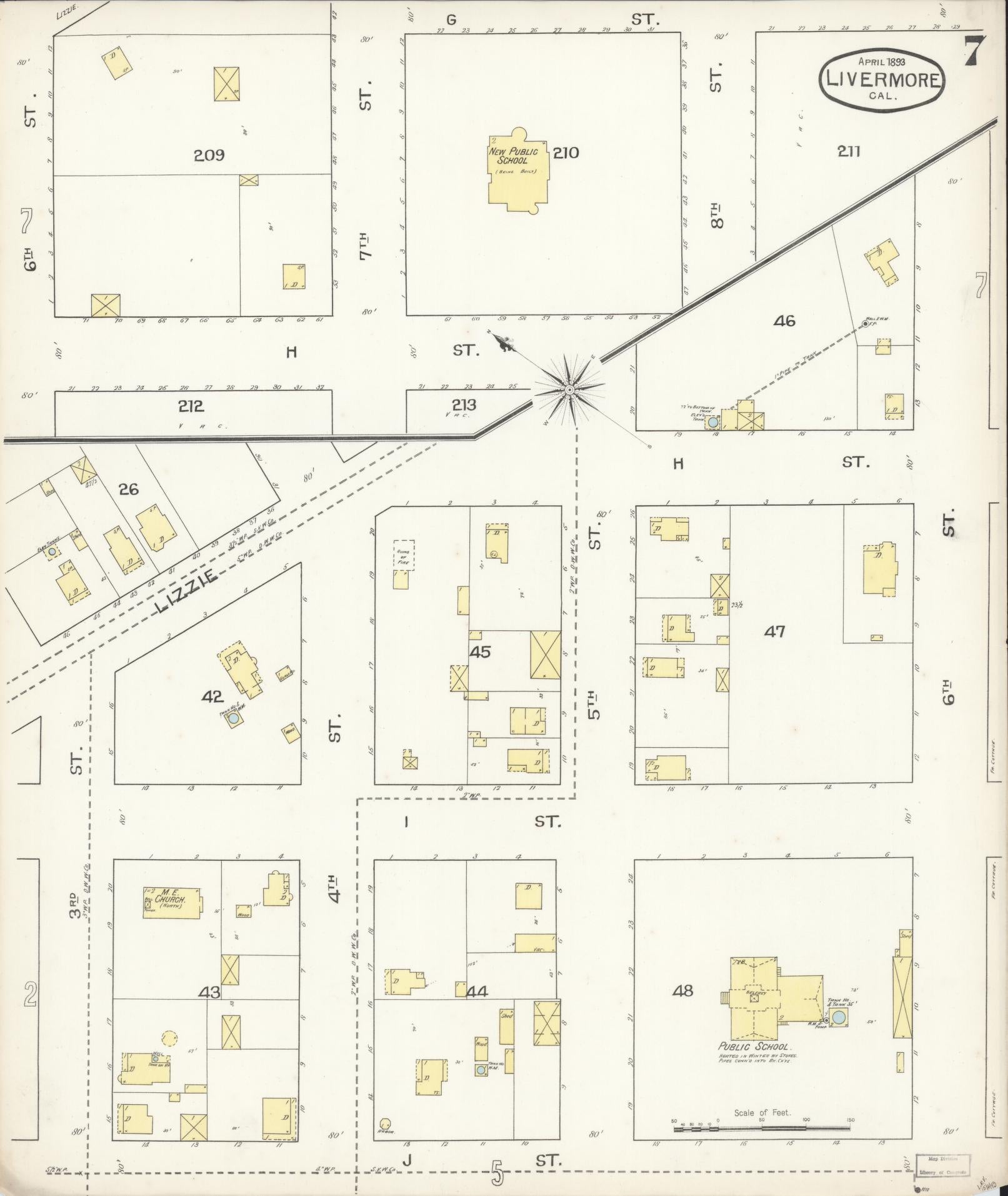 Sanborn Fire Insurance Map from Livermore, Alameda County, California (1893), Sheet #0007 - Complete Map Set gallery image, historic Sanborn map, vintage wall art, California California