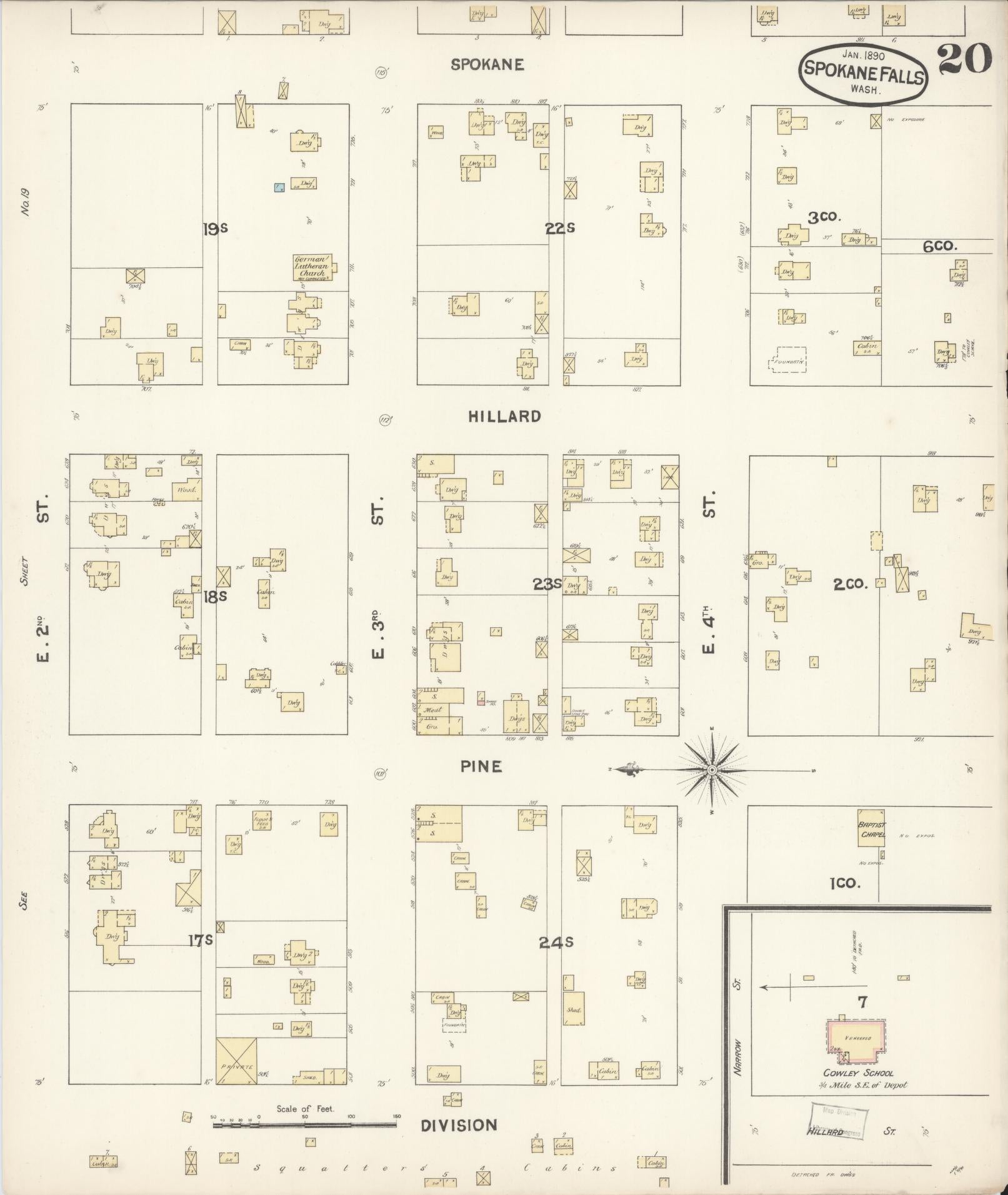 Sanborn Fire Insurance Map from Spokane, Spokane County, Washington (1890), Sheet #0020 - Historic Sanborn Fire Insurance Map Print, vintage old map wall art, antique decor, genealogy gift, Washington Washington map