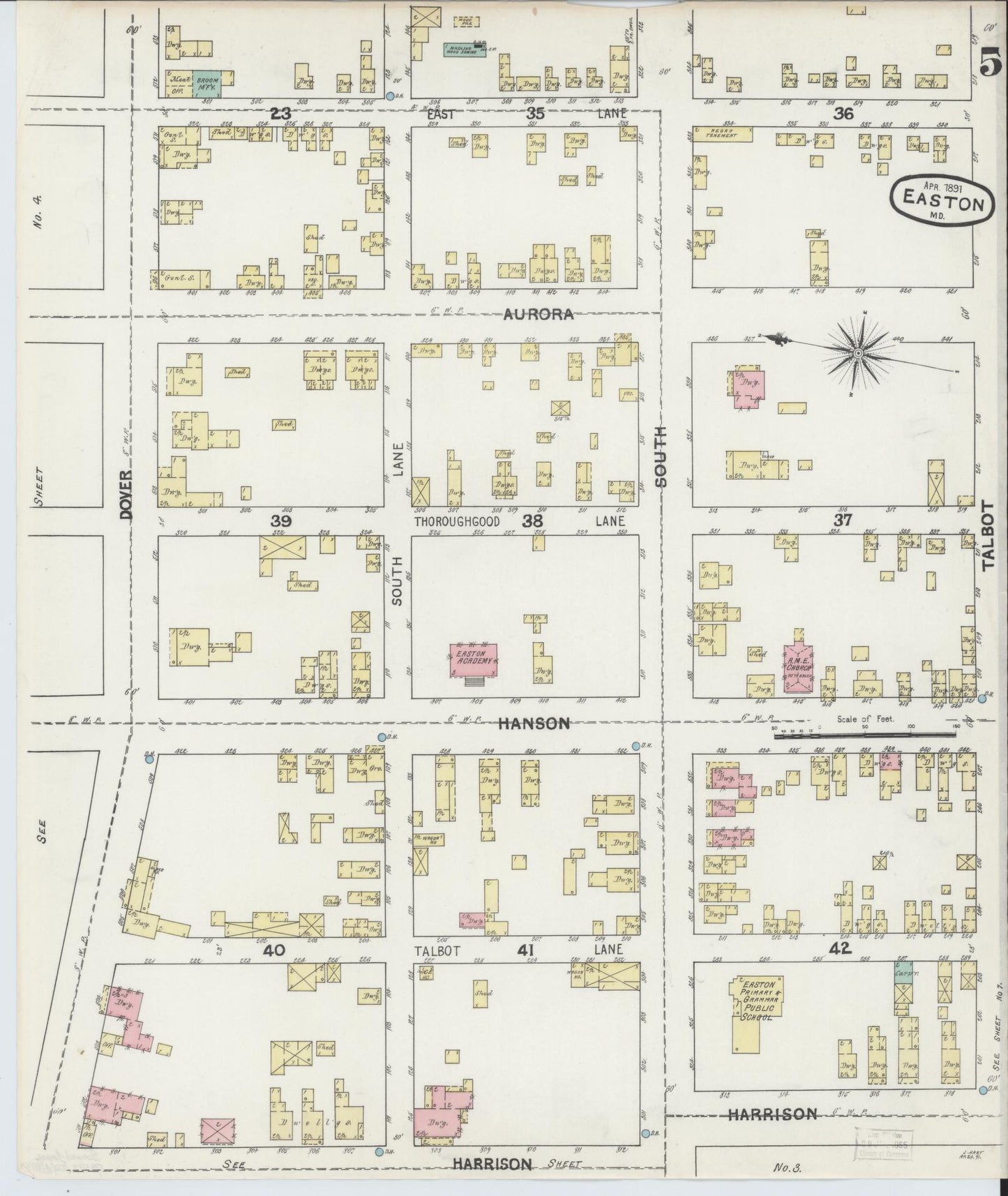 Sanborn Fire Insurance Map from Easton, Talbot County, Maryland (1891), Sheet #0005 - Historic Sanborn Fire Insurance Map Print, vintage old map wall art, antique decor, genealogy gift, Maryland Maryland map