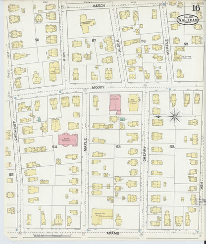 Sanborn Fire Insurance Map from Waltham, Middlesex County, Massachusetts (1892), Sheet #0016 - Complete Map Set gallery image, historic Sanborn map, vintage wall art, Massachusetts Massachusetts