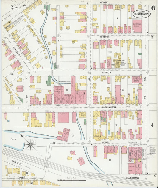 Sanborn Fire Insurance Map from Huntingdon, Huntingdon County, Pennsylvania (1901), Sheet #0006 - Historic Sanborn Fire Insurance Map Print, vintage old map wall art, antique decor, genealogy gift, Pennsylvania Pennsylvania map