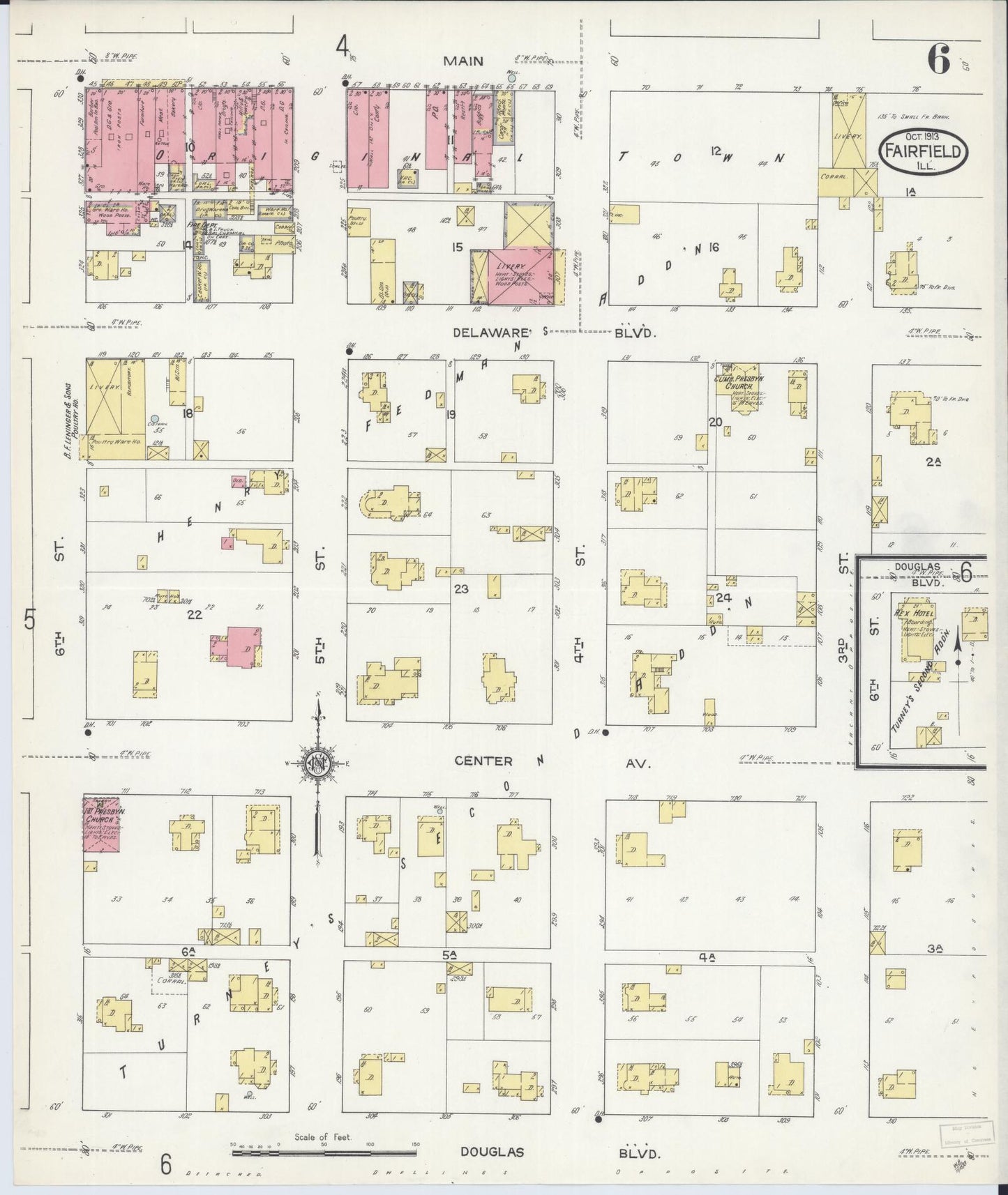 Sanborn Fire Insurance Map from Fairfield, Wayne County, Illinois (1913), Sheet #0006 - Historic Sanborn Fire Insurance Map Print, vintage old map wall art, antique decor, genealogy gift, Illinois Illinois map