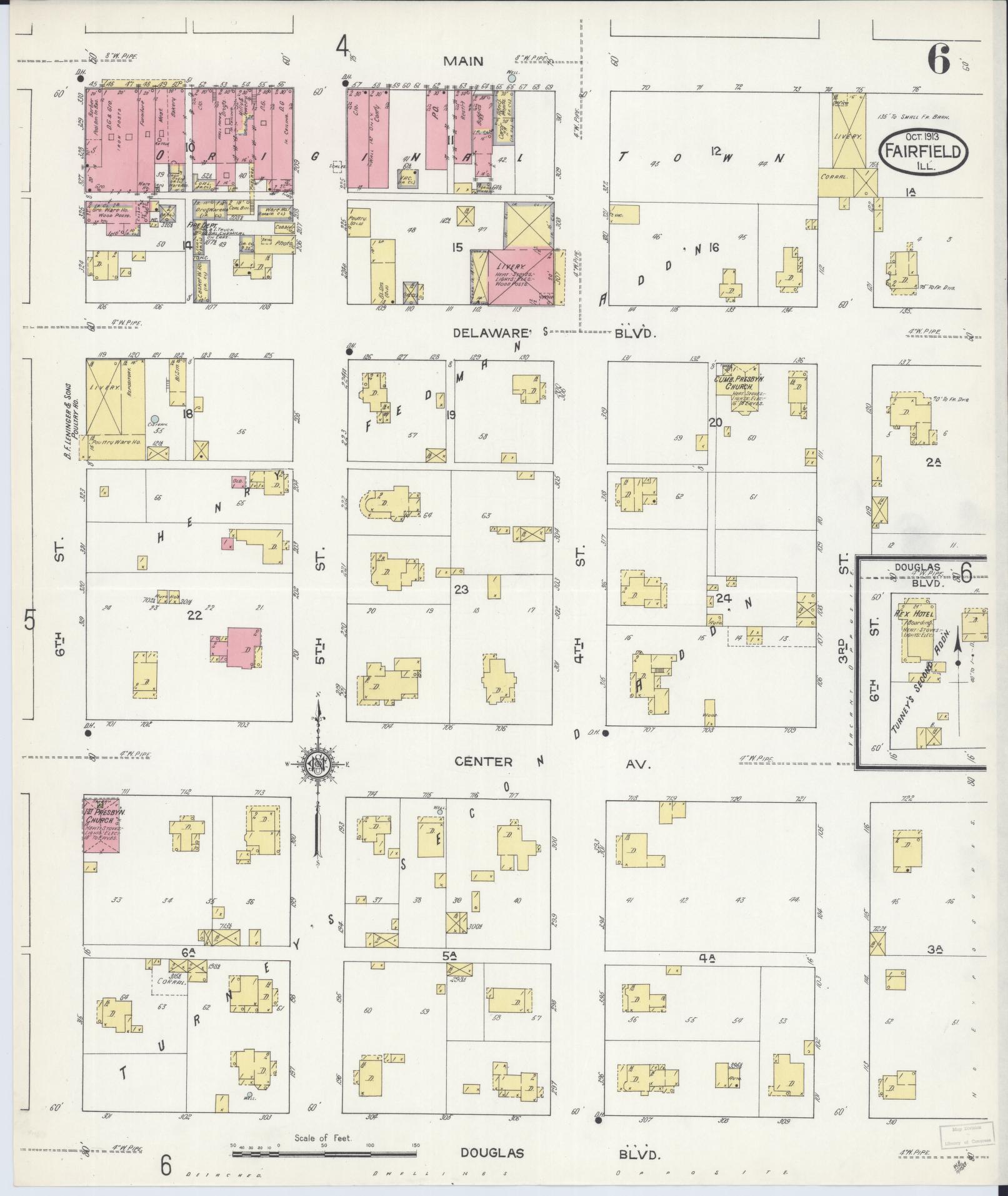 Sanborn Fire Insurance Map from Fairfield, Wayne County, Illinois (1913), Sheet #0006 - Historic Sanborn Fire Insurance Map Print, vintage old map wall art, antique decor, genealogy gift, Illinois Illinois map