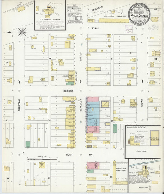 Sanborn Fire Insurance Map from Rush Springs, Grady County, Oklahoma (1908), Sheet #0001 - Historic Sanborn Fire Insurance Map Print, vintage old map wall art, antique decor, genealogy gift, Oklahoma Oklahoma map