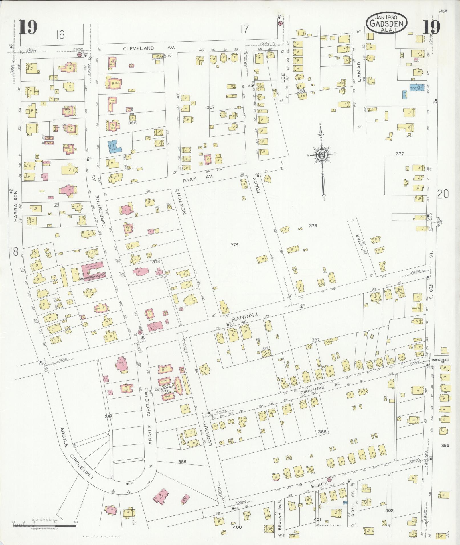 Sanborn Fire Insurance Map from Gadsden, Etowah County, Alabama (1930), Sheet #0019 - Historic Sanborn Fire Insurance Map Print, vintage old map wall art, antique decor, genealogy gift, Alabama Alabama map