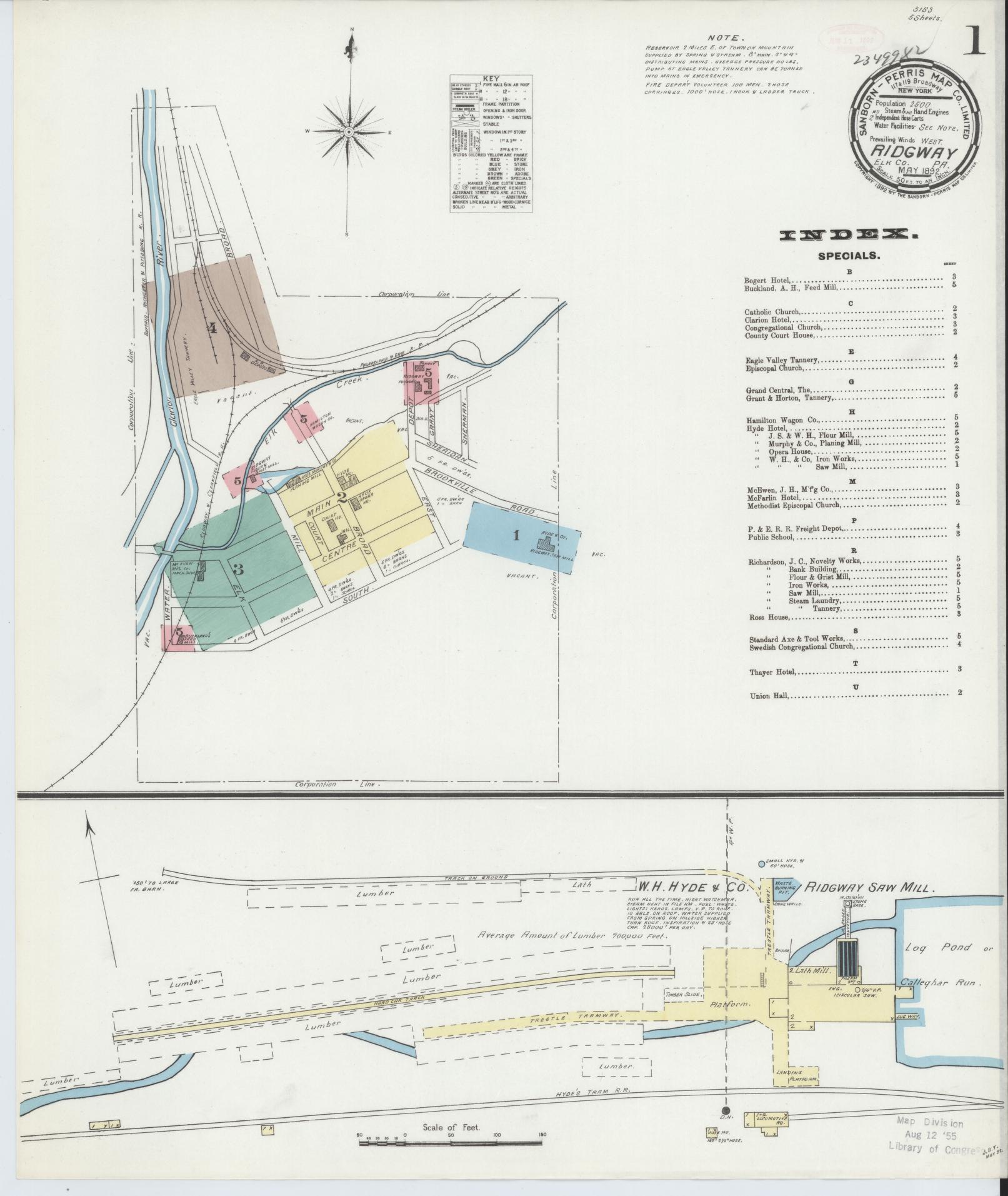 Sanborn Fire Insurance Map from Ridgway, Elk County, Pennsylvania (1892), Sheet #0001 - Complete Map Set gallery image, historic Sanborn map, vintage wall art, Pennsylvania Pennsylvania