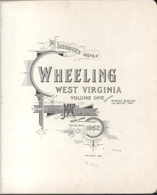 Sanborn Fire Insurance Map from Wheeling, Ohio County, West Virginia (1952), Sheet #0001 - Historic Sanborn Fire Insurance Map Print, vintage old map wall art, antique decor, genealogy gift, Wheeling Ohio map