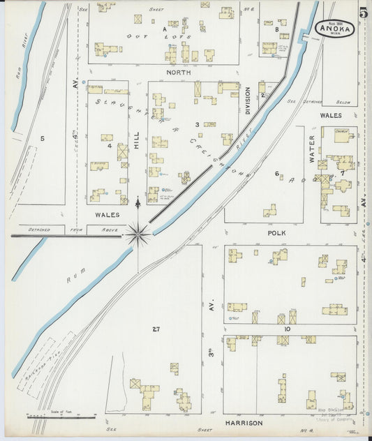 Sanborn Fire Insurance Map from Anoka, Anoka County, Minnesota (1891), Sheet #0005 - Historic Sanborn Fire Insurance Map Print, vintage old map wall art, antique decor, genealogy gift, Minnesota Minnesota map