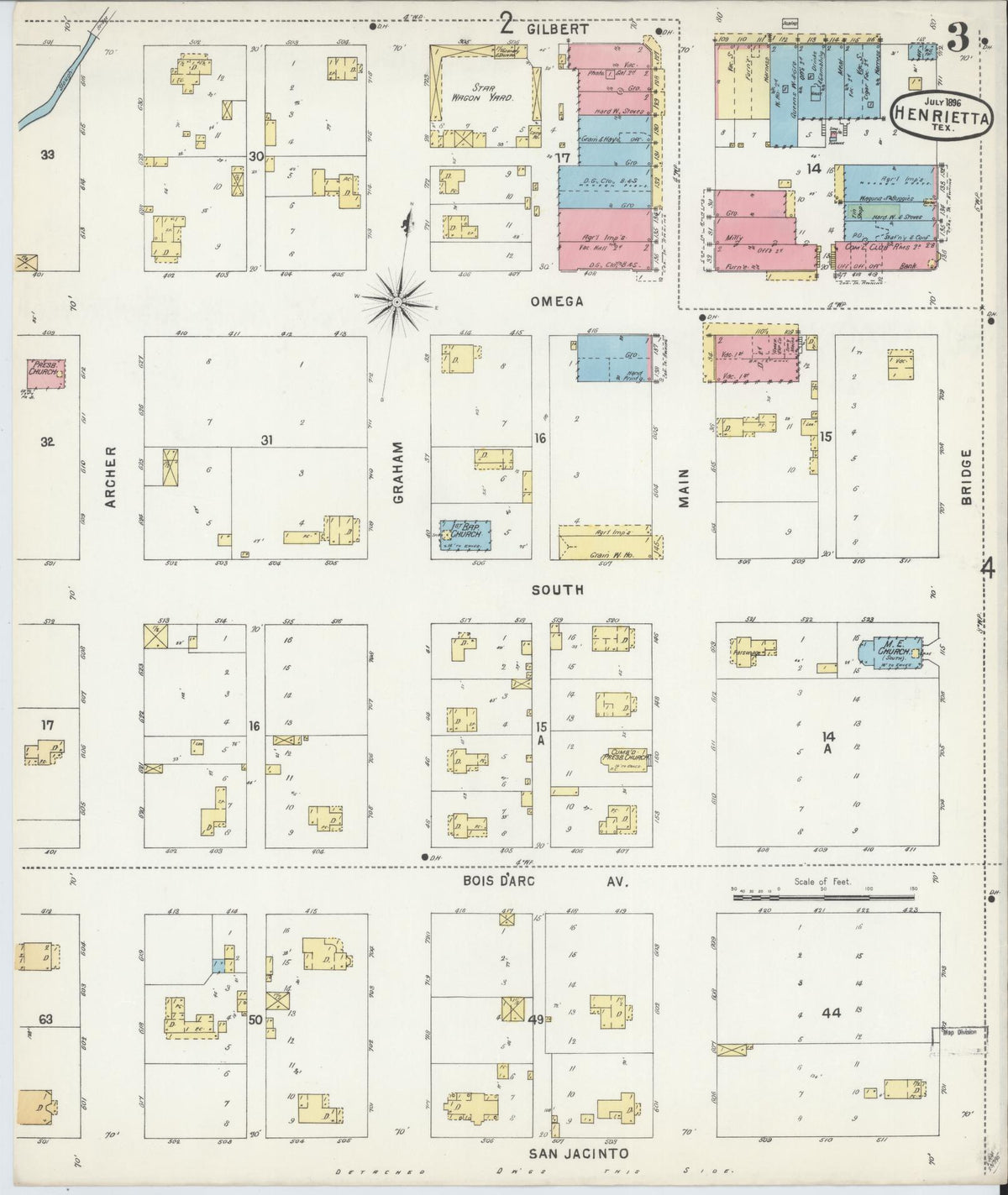 Sanborn Fire Insurance Map from Henrietta, Clay County, Texas (1896), Sheet #0003 - Historic Sanborn Fire Insurance Map Print, vintage old map wall art, antique decor, genealogy gift, Texas Texas map